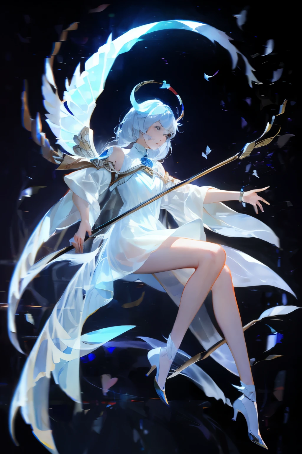 Beautiful angel in white dress, art station chengwei, Halo, White feather ,