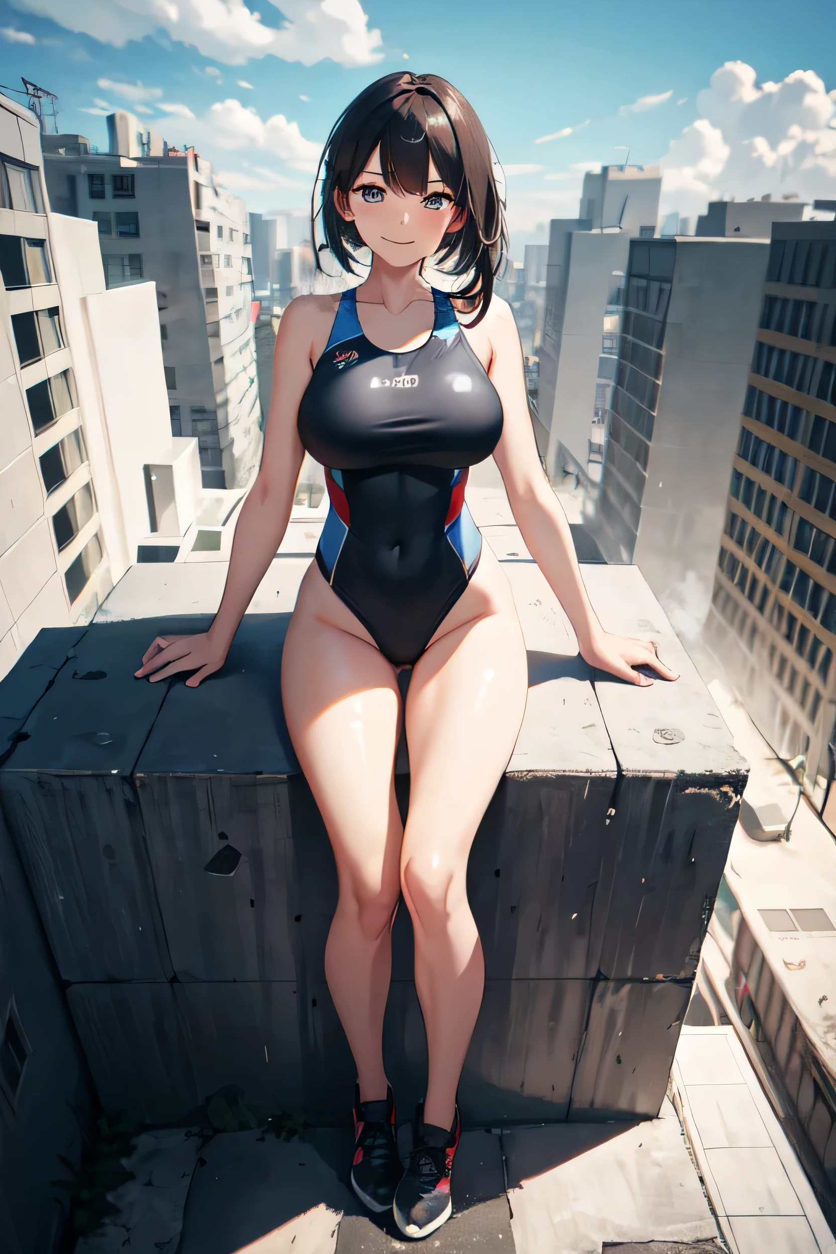 der riese art, 非常に詳細なder rieseショット, der riese, Shorthair, Giant woman bigger than a skyscraper, Wearing rimless glasses, Colossal tits, Big ass, Competitive swimsuit, very small metropolis, Trying to destroy a miniature metropolis, Full body depiction, nffsw, giga der riese, der riese, Stomping City,crash city,Small town,micro city,