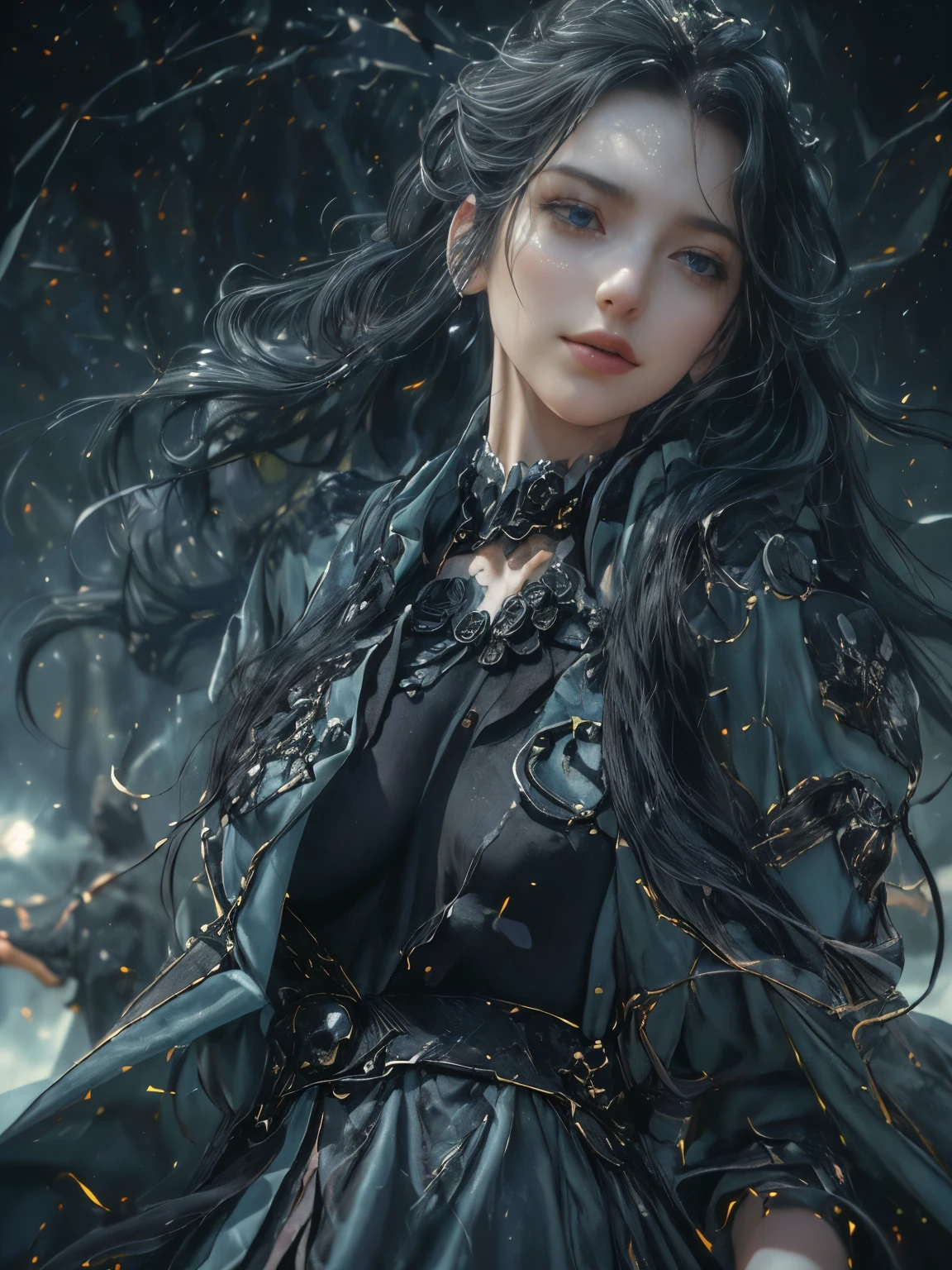 ((((masterpiece, Best Quality, High resolution)))), extremely detailed 8K, {(1 girl:1.6), sexy Beautiful 17 years old girl with slim body, reaper:1.3}(Ultra HD, Ultra-detailed, Highly detailed, Highly realistic, Ultra-realistic, photos realistic),{ deep depth of field, (god ray:1.2), (bounced front lighting:1.1), (soft diffused lighting:1.6) } (1girl:1.5), black long hair, (dynamic sexy poses), (very delicate and natural hair:1.3), facing at camera, light smile, (firm bouncing breasts: 1.6), (very delicate and natural face, very delicate and natural eyes:1.3),(very delicate and natural clothes:1.2),(cristal blue eyes:1.2),{wearing green (long coat:1.6)}, {(night:1.2) outside, stand, a lot of (lightnings:1.2) in (night:1.5) sky:1.3}, {(black roses:1.2), (a lot of skulls:1.4),night rose garden:1.2}