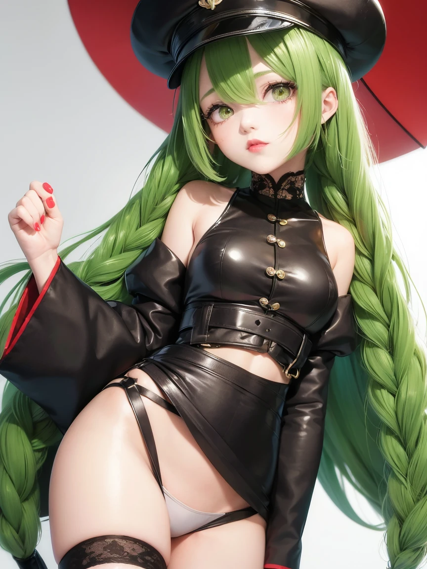 1 girl, green hair, gradient pupils, gradien eyes, look viewers, red lips, 8k, v1.0, absurdres, high res, baret hat, nice shadow, Fair skin, hair strand, side braids, masterpiece, best quality, anime 2.5D style, japan musume, hands back