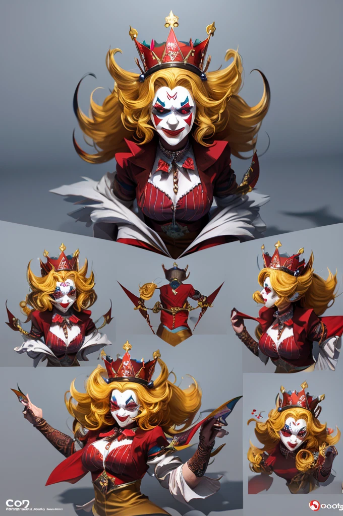 Clown Queen, Exaggerated body movements,Red eyes,Cute Core Crown Core, Joker, Highly detailed digital art in 4K, Amazing digital illustrations, Artstation HQでトレンド, 3d rendering digital art