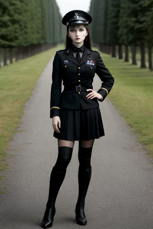 1girl, mature woman, 1woman, pale skin, brunette, wavy hair, hair, Black hair, down to Shoulders, serious expression, mature expression, dominant expression, looking at viewer, black lips, black cap, germany uniform, black uniform, germany military Black uniform, black necktie,  ww2, nazism, skirt down to knees, black skirt, military Black uniform, standing, Full clothed, outdoor, Full body, formal girl, goth, gothic, goth girl, gothic girl, goth Makeup, gothic makeup, hair over Shoulders, wavy hair 