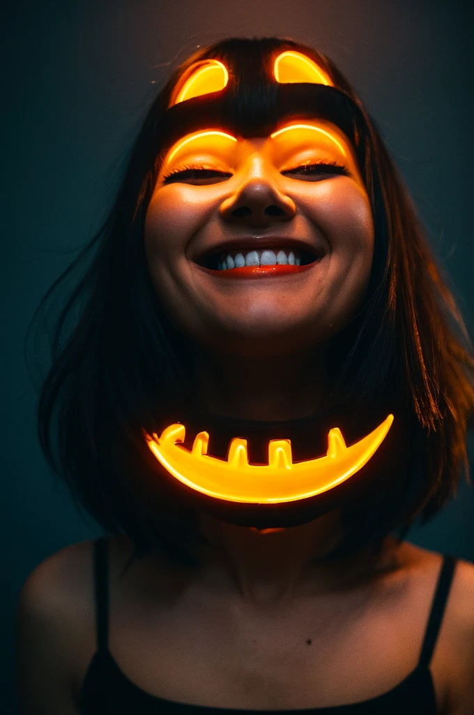 dark silhouette, Big crazy smile, mad look, Neon smiley face
