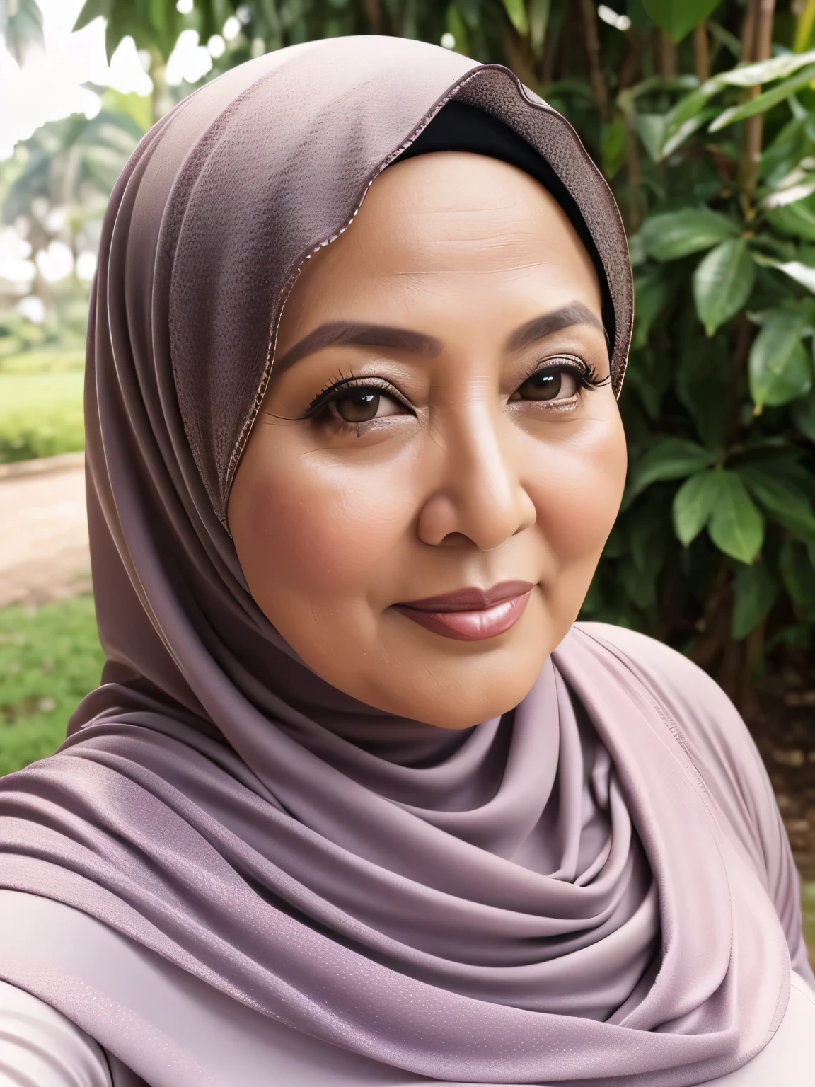 (selfie photo) (Realistic) ((Sexy Hijab)) (real mature face) (old beauty) 62 Years old fat Brunei mature woman, sexy curvy, (sexy chubby body shape), (natural makeup), Big : 34.9, (old woman in Jakarta) soft smile, facing at camera, half body - professional photography with excellent lighting. Outdoor. Dynamic background