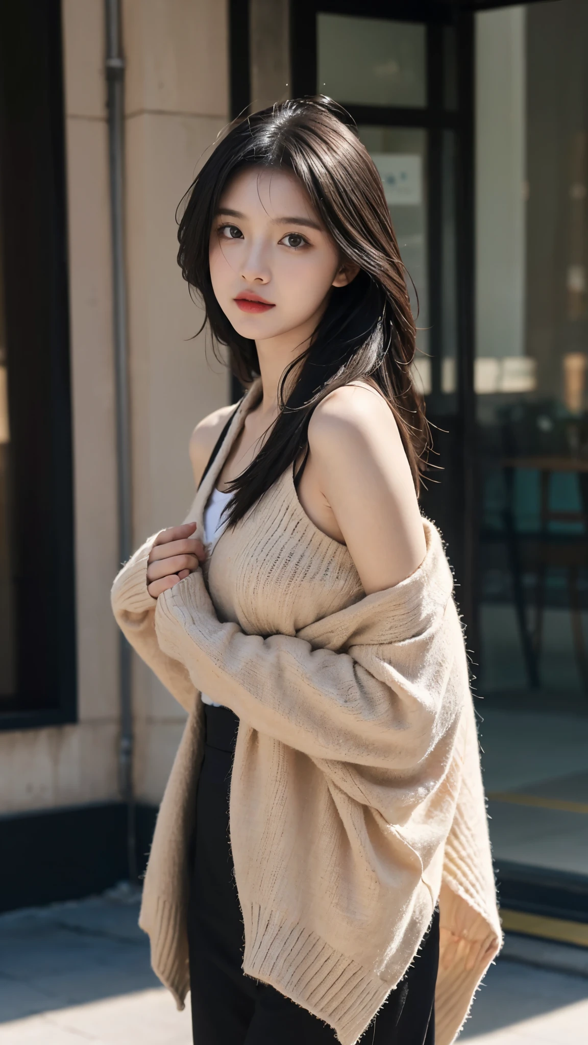 A perfect young female white-collar worker，Chinese，High picture quality，Works of masters，Black hair，Long hair shawl，Long hair flowing over the shoulders，Blured background，outside, Real Human，CG rendering，16k，Stand up，Empty interior，Do not show your hands，Close-up shot