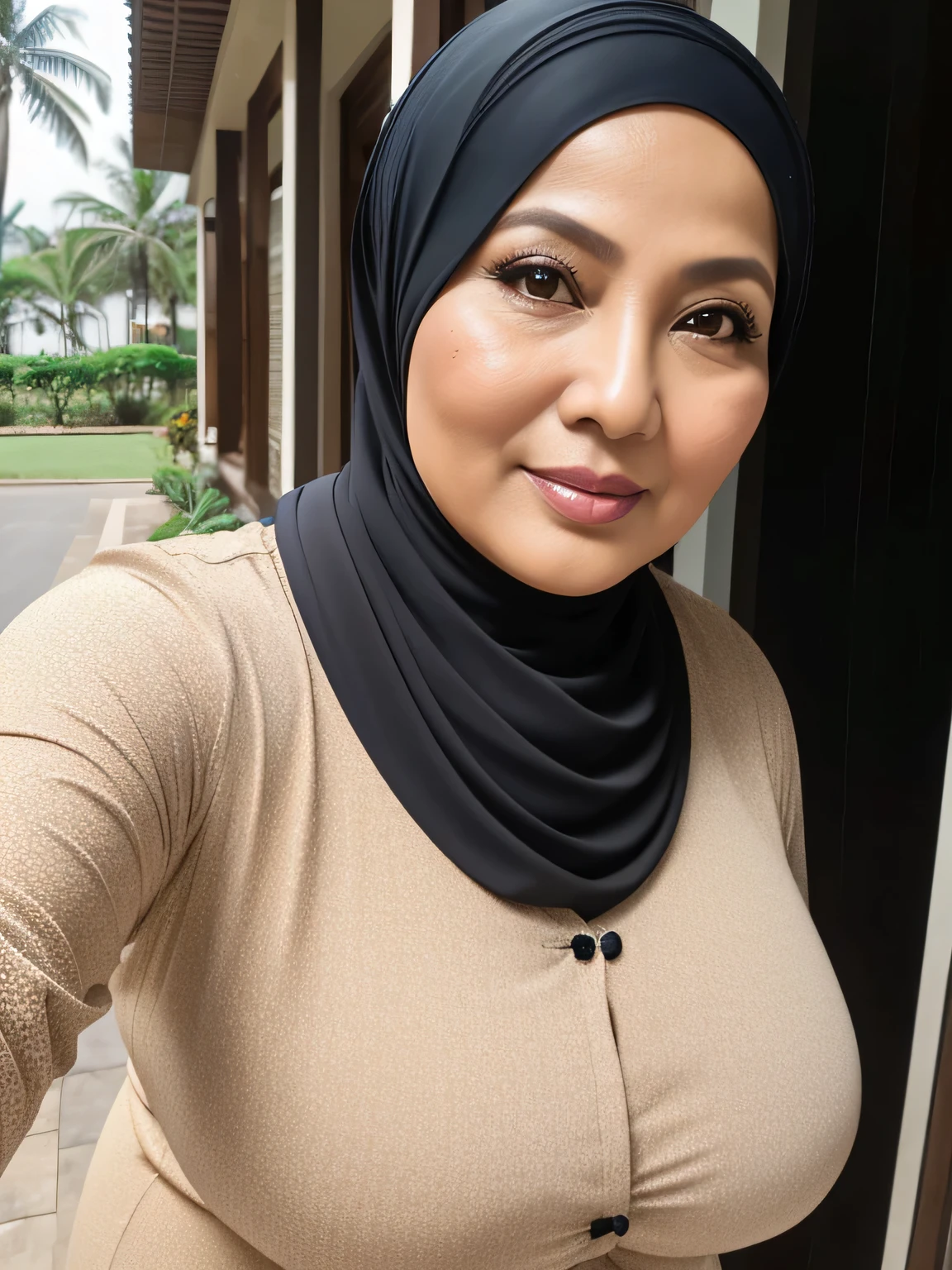 (selfie photo) (Realistic) ((Sexy Hijab)) (real mature face) (old beauty) 62 Years old fat Brunei mature woman, sexy curvy, (sexy chubby body shape), (natural makeup), Big : 34.9, (old woman in Jakarta) soft smile, facing at camera, half body - professional photography with excellent lighting. Outdoor. Dynamic background