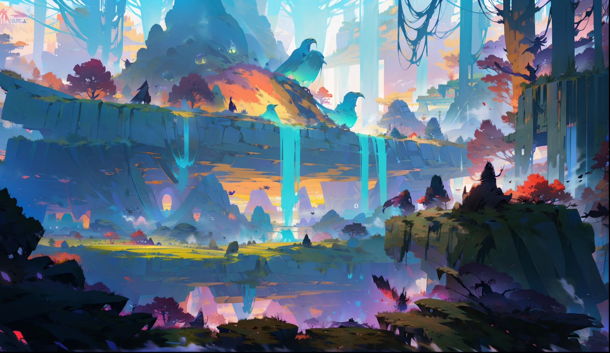landscape with a giant skull carved in a cliff in the horizon, Megalophobia, masterpiece,gorgeous, horizont, sunset,magic, detailed clothes, artistic, purple, dust, mountain, best quality, ((no_humans)), colorful, reflections, fog, birds, deailed,intricate, nature, ancient, beasts, flowers,