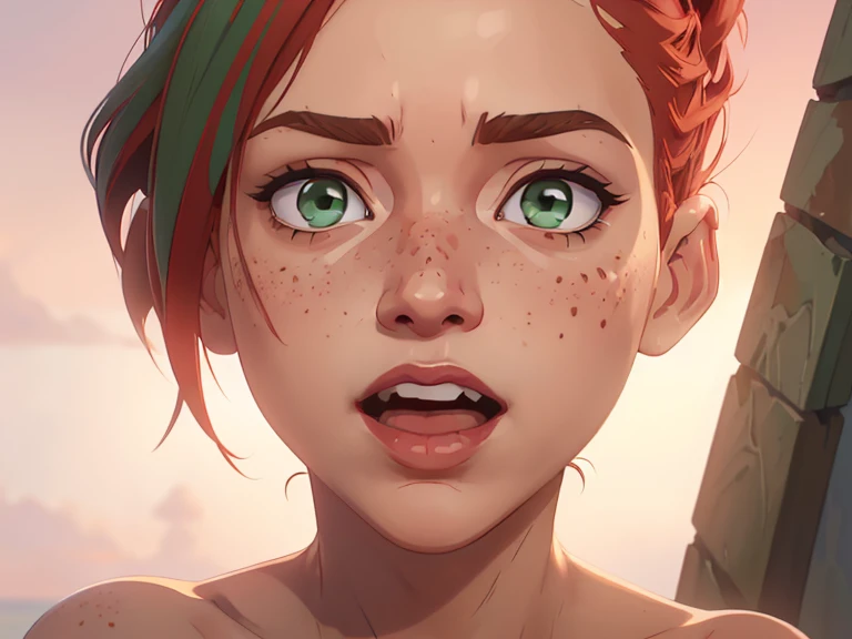 (((2 characters))), ((1guy, jon, a young guy in his 30s with asymmetric very short brown hair, green eyes, a flat nose, smooth skin, slim athletic body)), ((1girl, jennifer lawrence, 1girl, red haired chubby pale girl, green eyes, freckles, half asymetric red hair, cute, nude, small height, stain lipstick, long eyelashes, primer, cream eyeline, ((small breasts)), cute, beautiful, realistic style, highly detailed, 4k)), ((close-up of face, extremely exaggerated evil grin))