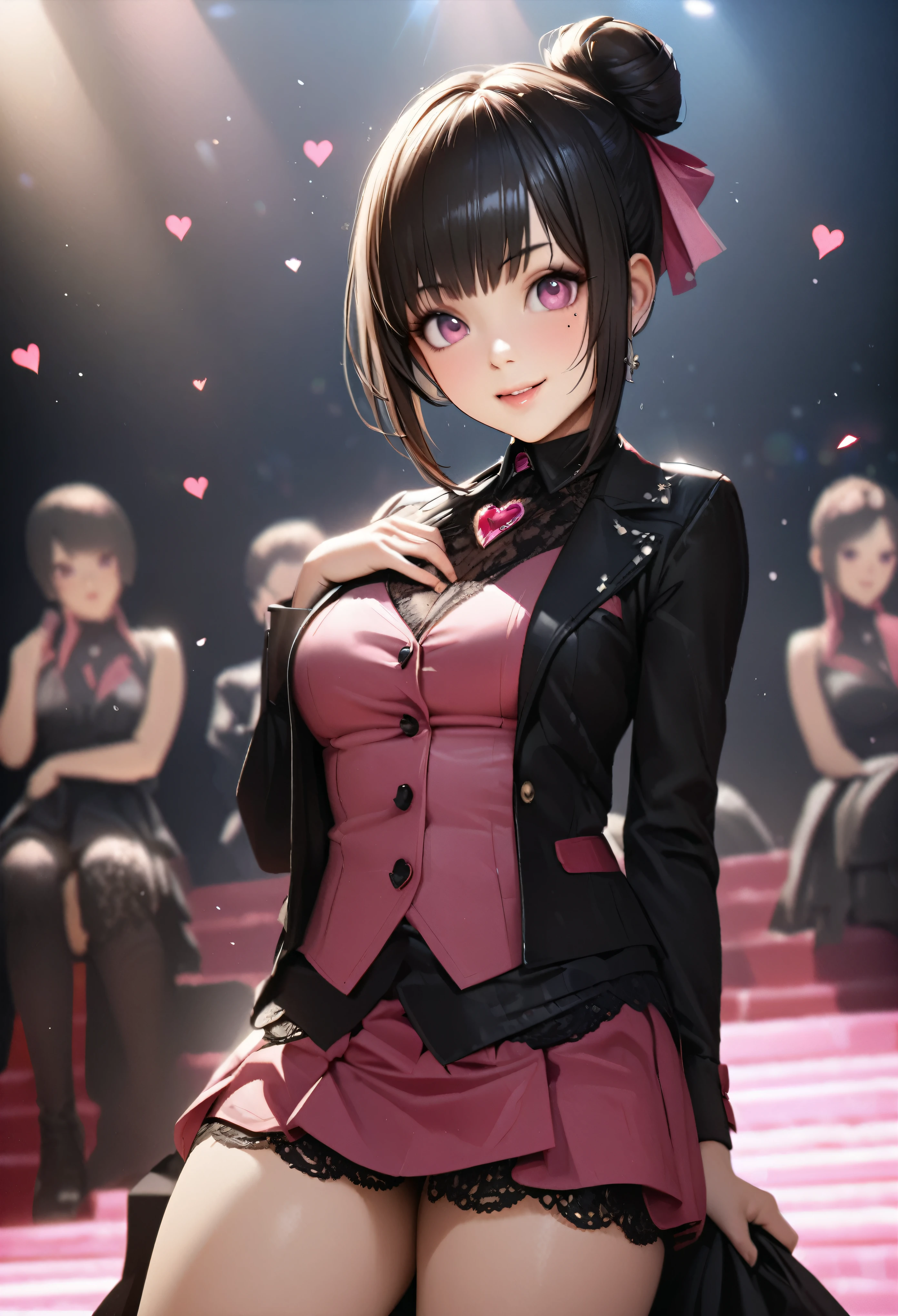 One Girl、Looking at the audience、
Beautiful pink eyes、black hair bun、,Mole under the eye、Plump and glossy lips、Heart-shaped choca、Idol、Her name is Rico,smile、ー、。.。.。.。.。.。.。.。.。.。.。.。.。.。.。.。.。.。.3D、Realistic、
IDOL costumes、Short skirt,Drape clothes、gem、The decoration has been removed、Floral、Lace trim,On a glittering stage、
masterpiece、highest quality、8k、Detailed skin texture、Detailed cloth texture、Beautifully detailed face、Intricate details、Very detailed、
超A high resolution、8k Ultra HD、Film Grain、Best Shadow、delicate、Gazing at the audience、front