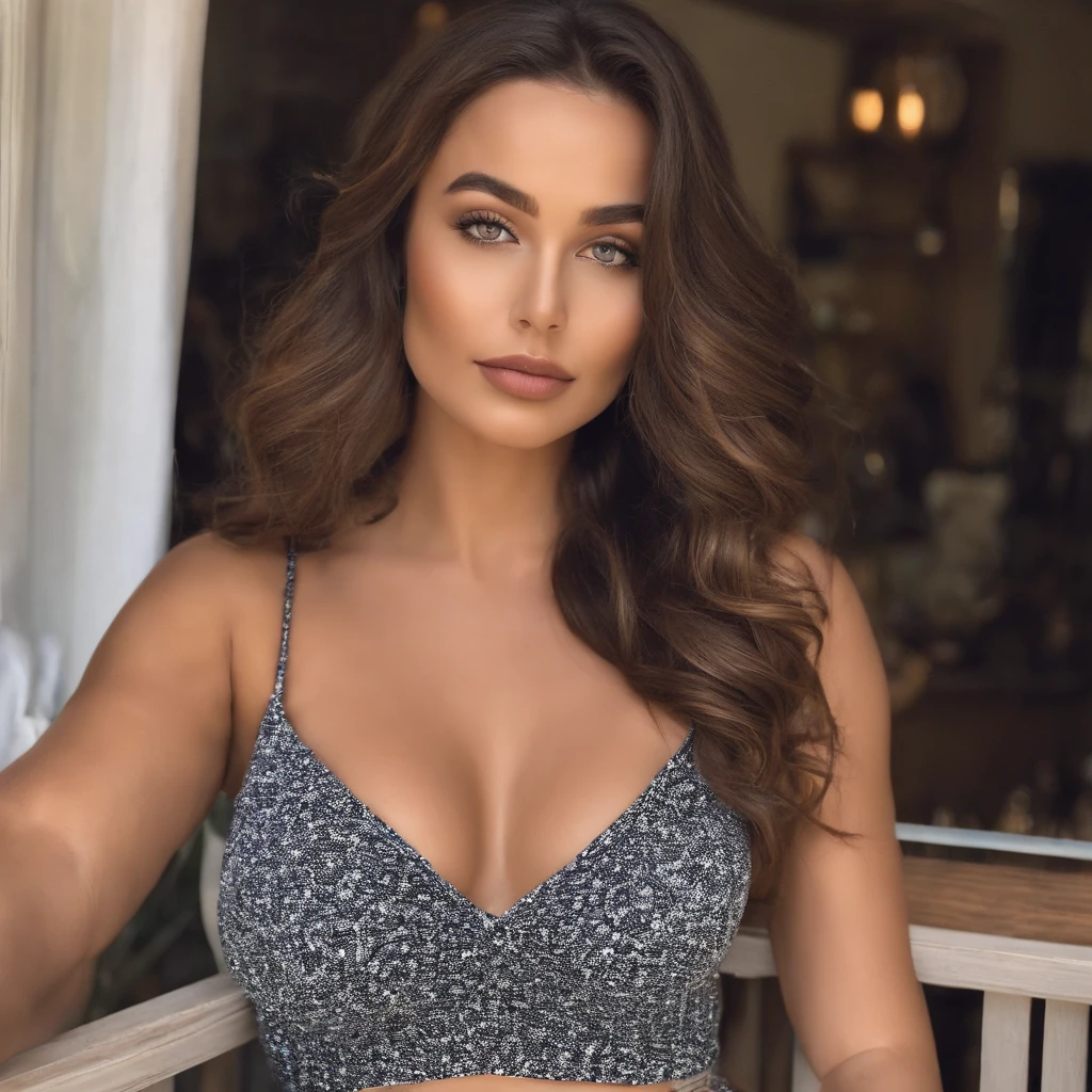 Femme Arafed avec soutien-gorge révélateur, fille sexy aux yeux bruns, Portrait de Sophie Mudd, cheveux bruns et grands yeux, selfie d&#39;une jeune femme, Yeux de chambre, Violette Myers, sans maquillage, maquillage naturel, regarder directement la caméra, Visage avec Artgram, Maquillage subtil,bronze, Latine, Superbe photo du corps entier, sur une plage, dans un bar, en terrasse, dans un jardin, en maillot de bain, at the airport
