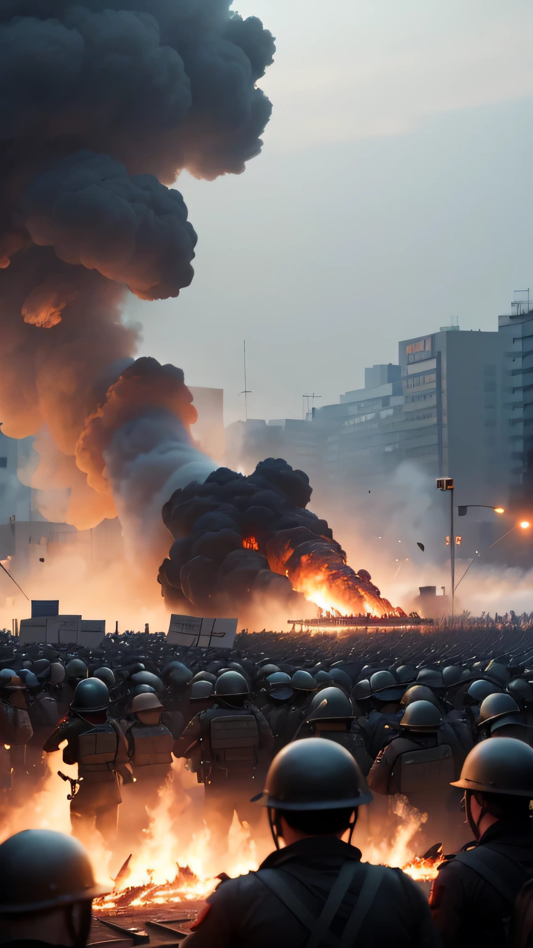 student demonstration, many people, burning, army, 8k