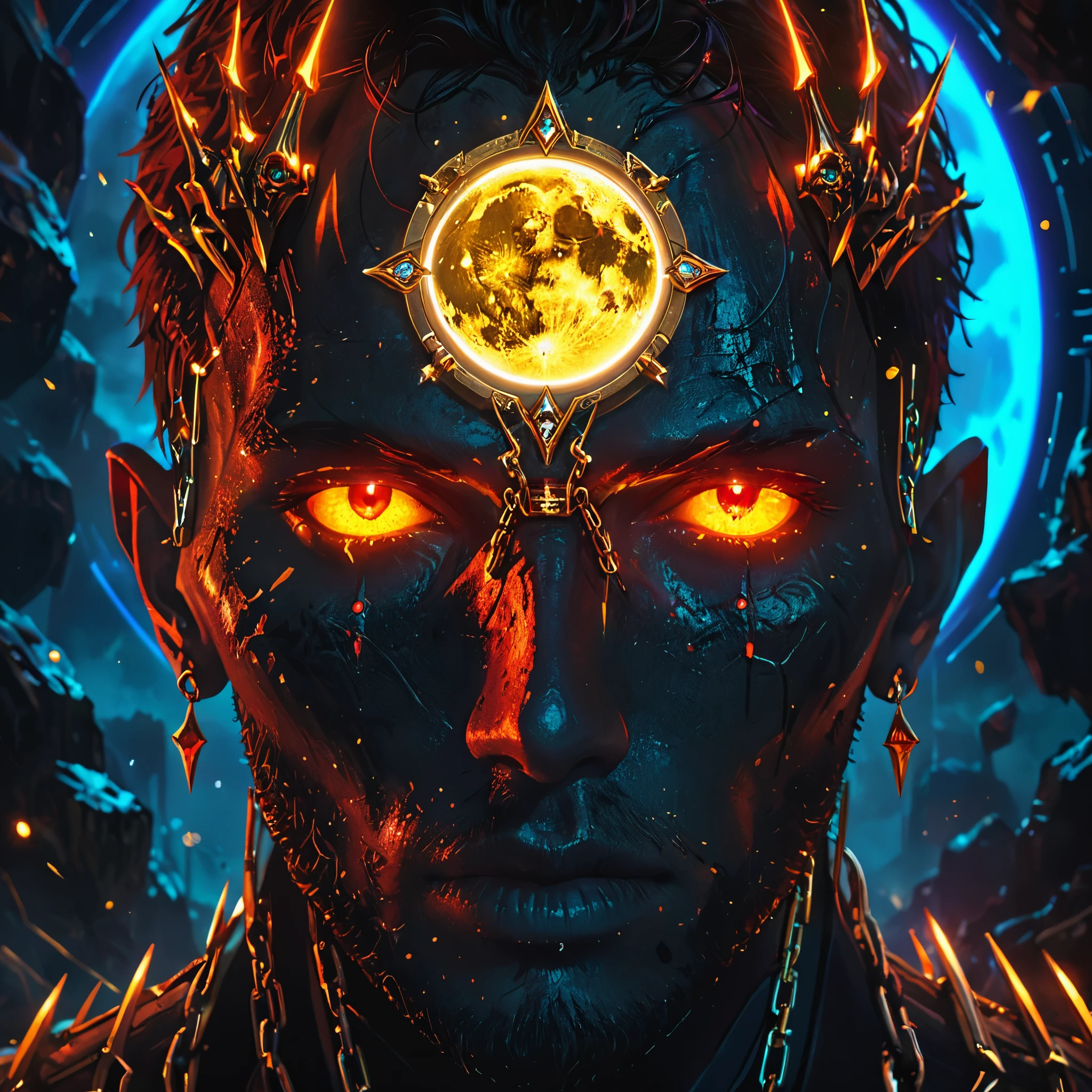 Masterpiece,Best Quality,Hyper Detailed,Cinematic Light,Intricate Detail,Highres,Official Art,Detailed Glow,A red skull, portrait, Rostland, Benedict Barna, Morel, (((Gold Jewelry))), (The pupil is composed of a moon-shaped image.:1.8), Miracle, Dark atmosphere, Black Forest, ((Neon flashing)), ((Blue Arc)), Characteristics of dragons, Dragon skull, Jewelry accessories, Diffraction peak, Vibrant colors、Bokeh、portrait、landscape、Fear、cartoon、Science fiction, photography, Concept Artist, Steel claws, Steel Fang,Electronic Links, Metal chains, Diffraction spike,SplitScreen