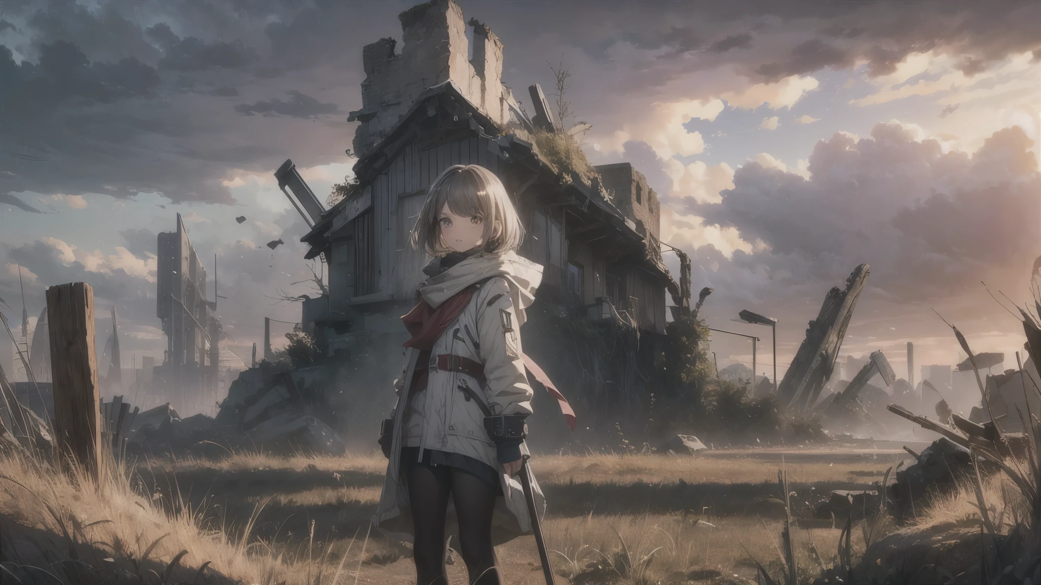 (best quality,4k,8k,highres,masterpiece:1.2),ultra-detailed,realistic,photorealistic:1.37, HDR,UHD,studio lighting,ultra-fine painting,sharp focus,physically-based rendering,extreme detail description,professional,vivid colors,bokeh,girl,lonely,((a scenery that makes me feel uneasy somehow,cloudy sky, giant glass land, ruined, vast grassland)),no one, blond short hair, girl in her twenties