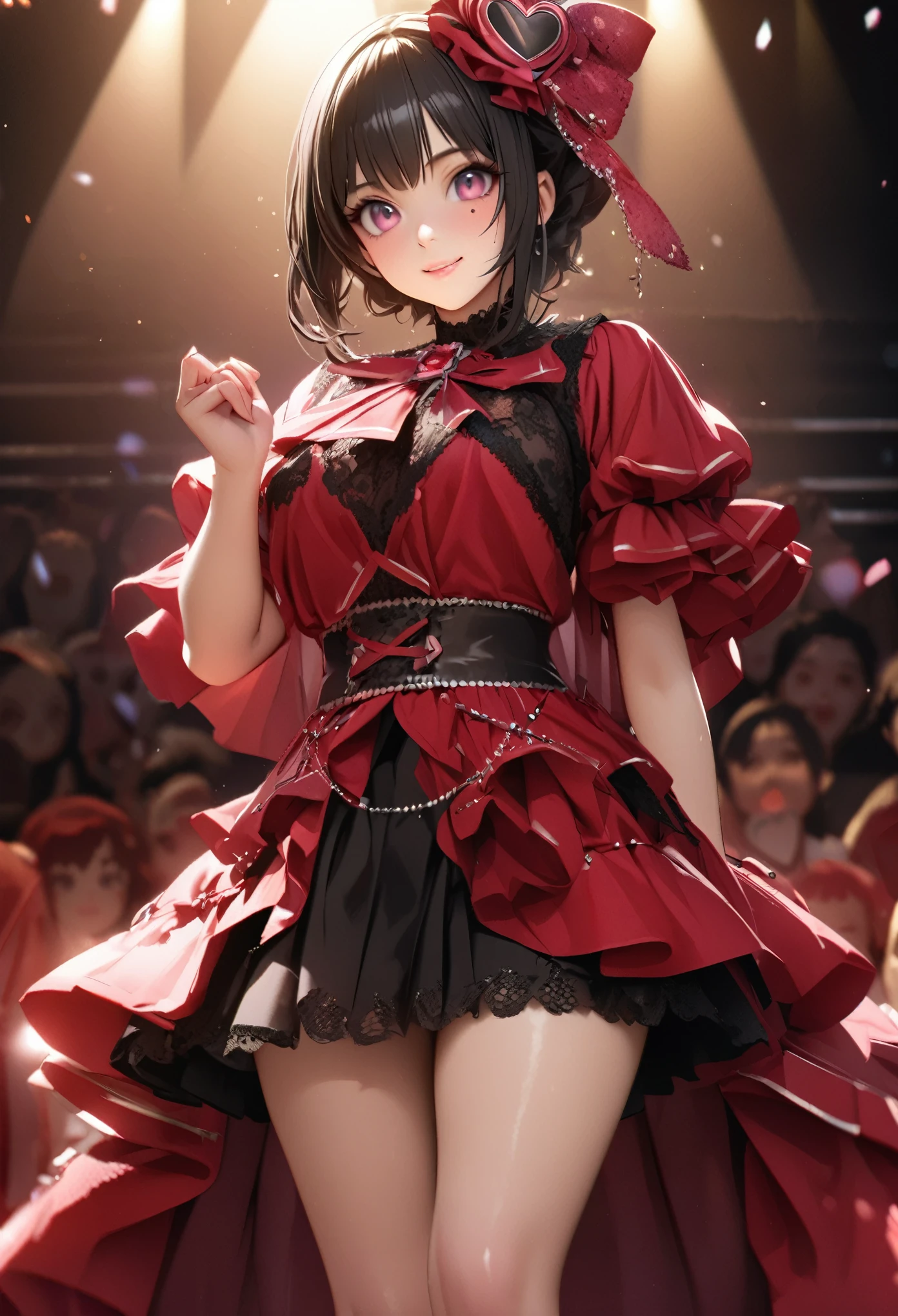 One Girl、Looking at the audience、
Beautiful pink eyes、Black Hair、,Mole under the eye、Plump and glossy lips、Heart-shaped choca、Idol、Her name is Rico,smile、ー、。.。.。.。.。.。.。.。.。.。.。.。.。.。.。.。.。.。.3D、Realistic、
Idol衣装、Short skirt,Drape clothes、gem、The decoration has been removed、Floral、Lace trim,On a glittering stage、
masterpiece、highest quality、8k、Detailed skin texture、Detailed cloth texture、Beautifully detailed face、Intricate details、Very detailed、
超A high resolution、8k Ultra HD、Film Grain、Best Shadow、delicate、Gazing at the audience、front