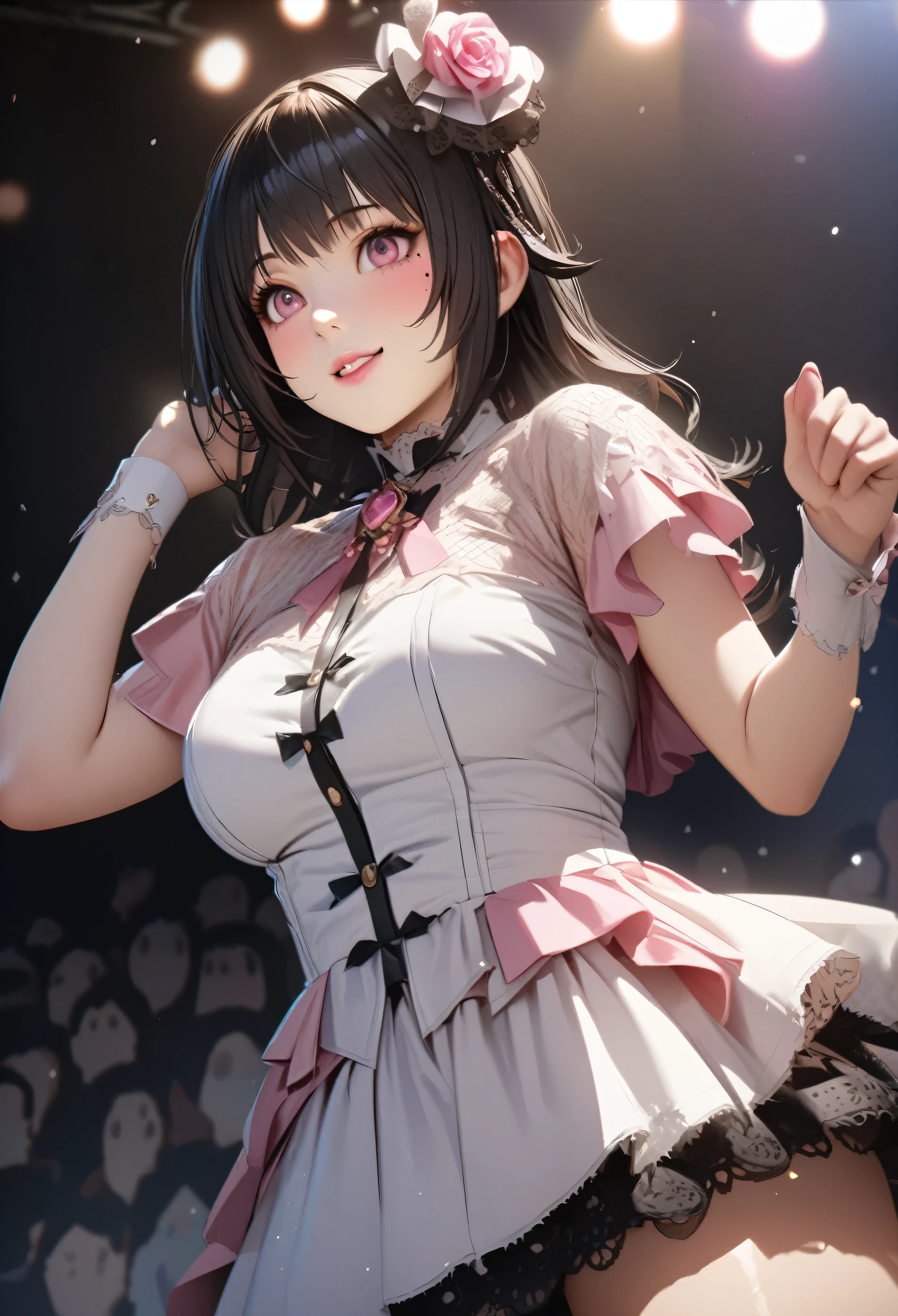 One Girl、Looking at the audience、
Beautiful pink eyes、Black Hair、,Mole under the eye、Plump and glossy lips、Heart-shaped choca、Idol、Her name is Rico,smile、ー、。.。.。.。.。.。.。.。.。.。.。.。.。.。.。.。.。.。.3D、Realistic、
IDOL costumes、Short skirt,Drape clothes、gem、The decoration has been removed、Floral、Lace trim,On a glittering stage、
masterpiece、highest quality、8k、Detailed skin texture、Detailed cloth texture、Beautifully detailed face、Intricate details、Very detailed、
超A high resolution、8k Ultra HD、Film Grain、Best Shadow、delicate、Gazing at the audience、front