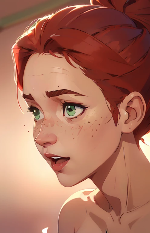 (((2 characters))), ((1guy, jon, a young guy in his 30s with asymmetric very short brown hair, green eyes, a flat nose, smooth skin, slim athletic body)), ((1girl, jennifer lawrence, 1girl, red haired chubby pale girl, green eyes, freckles, half asymetric red hair, cute, nude, small height, stain lipstick, long eyelashes, primer, cream eyeline, ((small breasts)), cute, beautiful, realistic style, highly detailed, 4k, embarrassed expression)), kissing, (((portrait close-up))), (((exaggerated open mouth laugh, side perspective)))