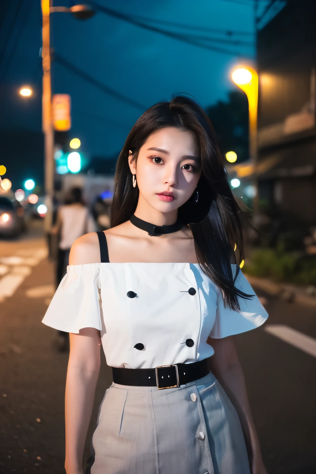 top-quality、超A high resolution、(Photorealsitic:1.4)、1 girl、Off-shoulder white shirt、Black tight skirt、Black choker、(faded ash gray hair:1)、(huge-breasted:1.2)、looking at viewert、a closeup、in a street, natta, neon light,
