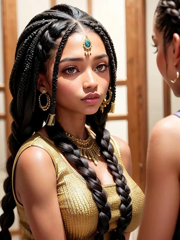 A refined description of the scene you described:

A woman in tight rodeo queen shorts with hair braided in a complex, elegant style is depicted in a stunning scene. Your braided hair displays a variety of patterns and textures, demonstrating skill and art in creating the hairstyle.

The woman is portrayed with a confident and proud posture, destacando sua beleza e autenticidade. Your facial features are distinct and expressive, reflecting your individuality and inner strength.

The scene is softly lit, highlighting the details of the braided hair and the beauty of the woman. Your presence is captivating, conveying a sense of grace and determination.

This depiction of a black woman with braided hair is a celebration of black culture and beauty., capturing the elegance and pride of a traditionally significant hairstyle.