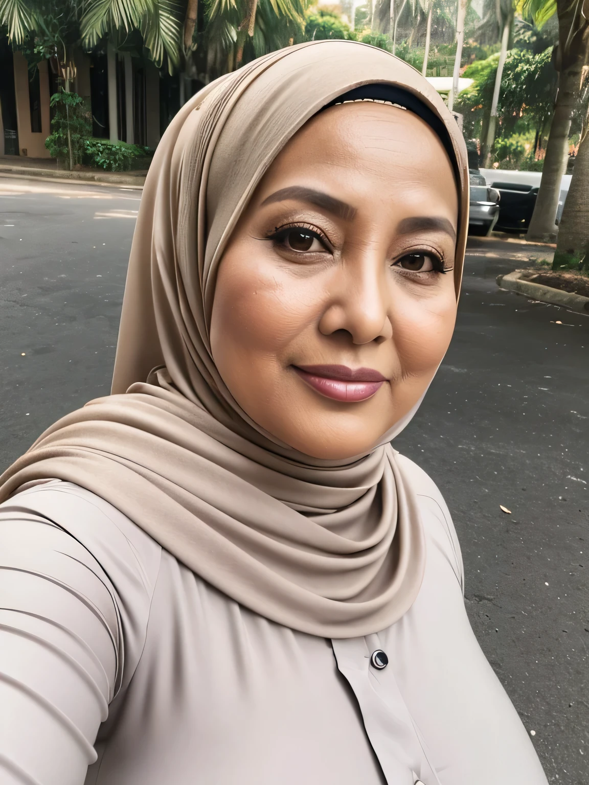 (selfie photo) (Realistic) ((Sexy Hijab)) (real mature face) (old beauty) 62 Years old fat Brunei mature woman, sexy curvy, (sexy chubby body shape), (natural makeup), Big : 34.9, Breast about to burst Out, (old woman in Jakarta) soft smile, facing at camera, half body - professional photography with excellent lighting. Outdoor. Dynamic background