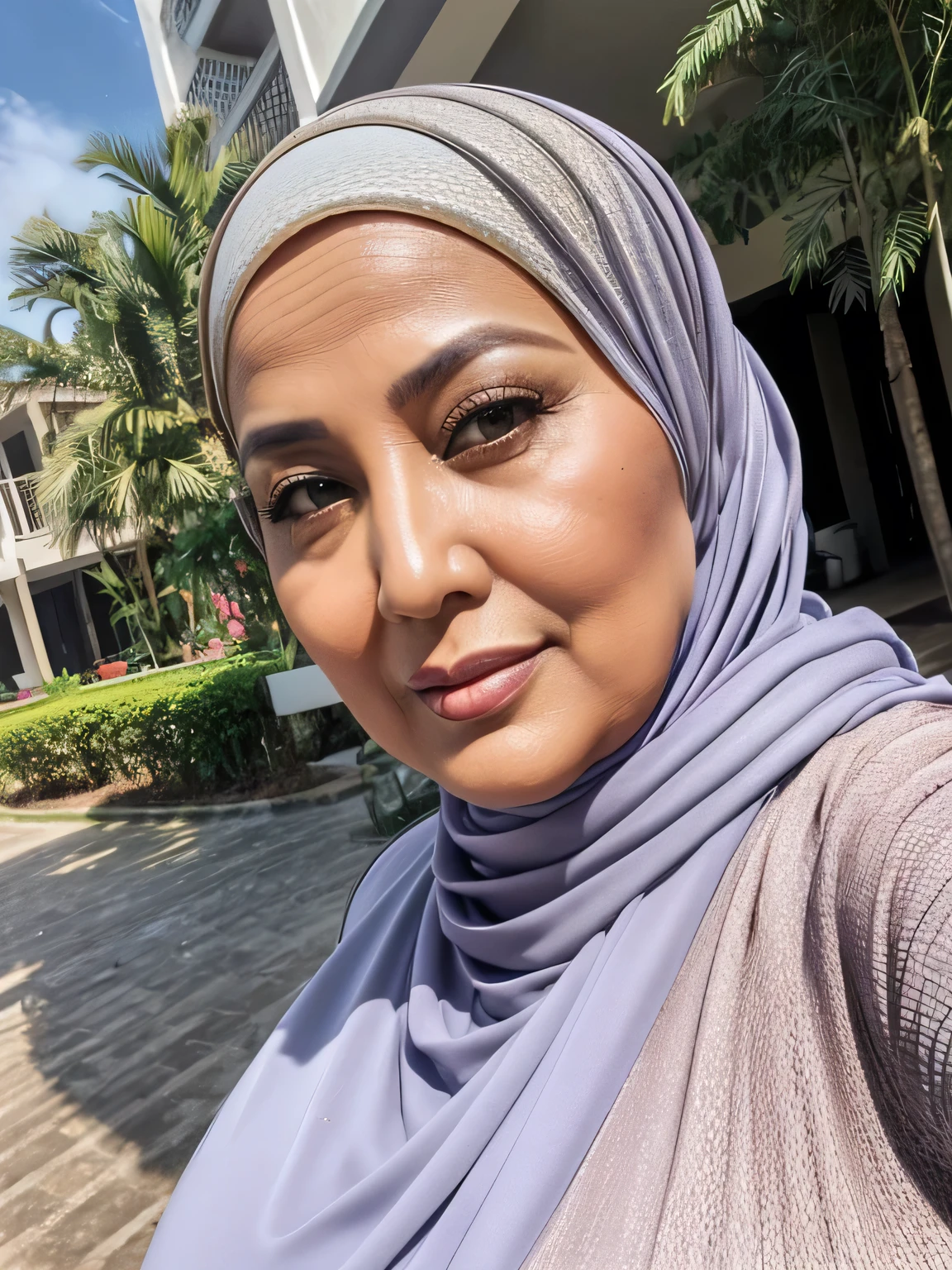 (selfie photo) (Realistic) ((Sexy Hijab)) (real mature face) (old beauty) 62 Years old fat Brunei mature woman, sexy curvy, (sexy chubby body shape), (natural makeup), Big : 34.9, (old woman in Jakarta) soft smile, facing at camera, half body - professional photography with excellent lighting. Outdoor. Dynamic background