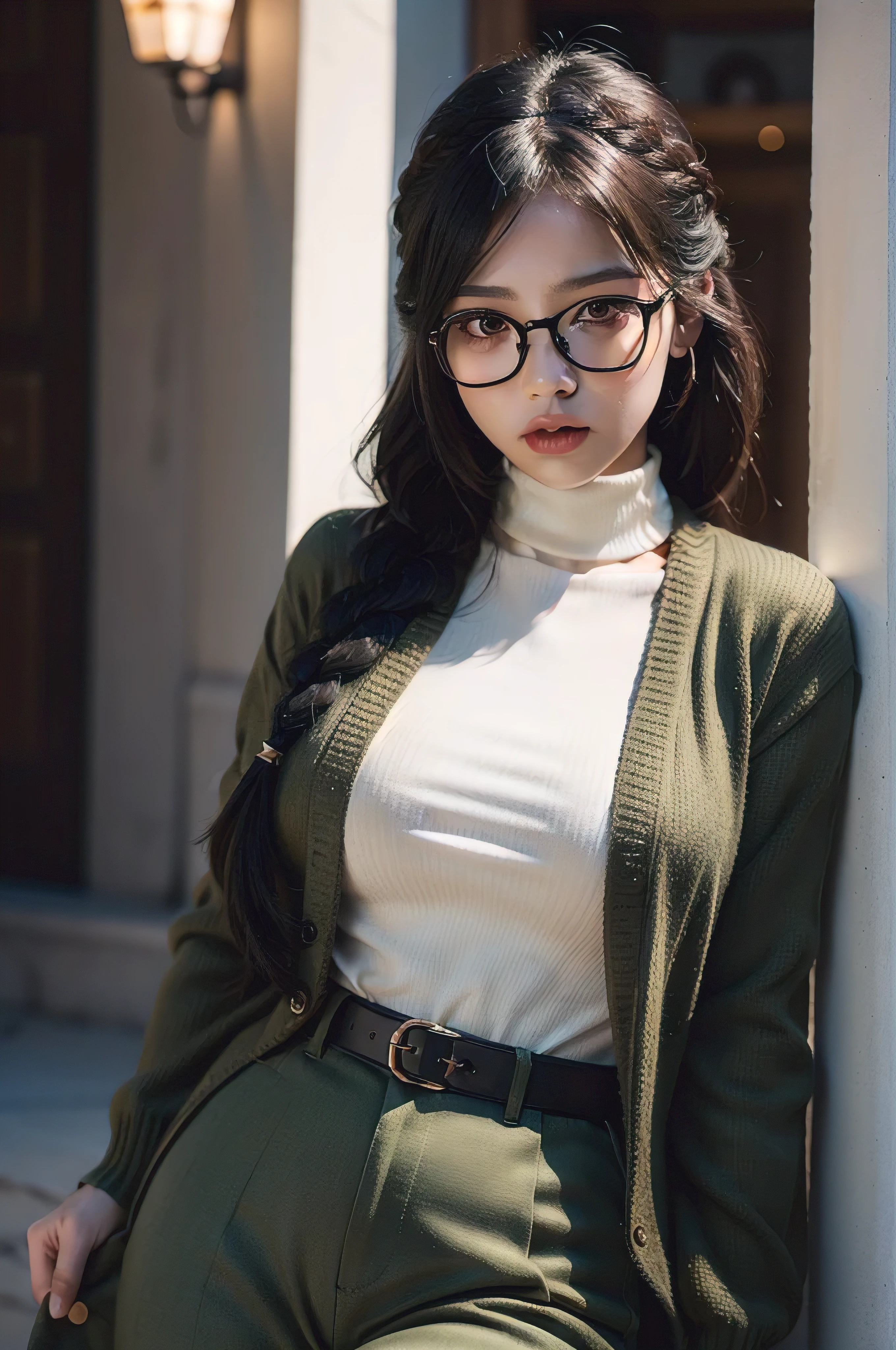 (masterpiece1.5),adult lady,Huge breasts,Solo,(((braid))), Long hair, half-opened mouth,(Red Frame Glasses),(Black hair), (large eyes with double eyelids),(Thick lip),(lofty nose),(High gauge (tight fitted:1.1) (Black:1.3) turtle neck:1.1), (Tuck-in:1.3), (Orange Cardigan:1.2), (checkered (Dark olive green) Tapered pants:1.3), Dark brown belt, Gold necklace, (Dark brown:1.1) lowfers,Nice backgrounds for your subject、beatiful backgrounds、spot light、Vibrant colors、(((Detailed drawing)))、Perfect Beautiful Girl