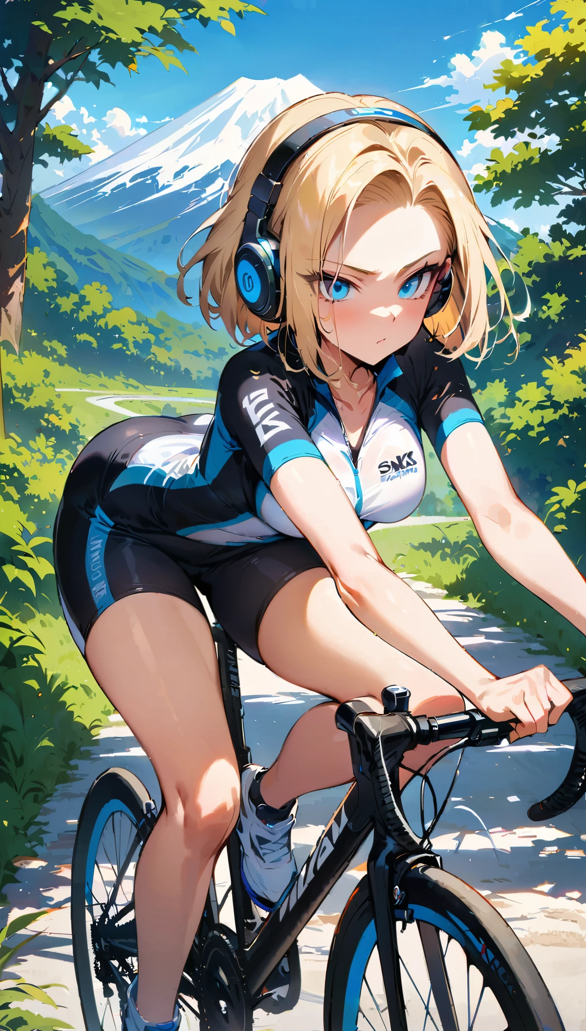 (masterpiece,best quality:1.2),frontal full body shot,Android 18 from Dragon Ball,sitting on the saddle with her buttocks on the bike seat,slender feminine figure in cycling pose,torso leaning forward over the low handlebars grasping the handles,one leg extended,facing camera,narrow waistline,(white over-ear headphones must be worn),short blonde hair,blue eyes,earrings on earlobes,black cycling jersey,black cycling shorts hugging her toned thighs,white cycling shoes clipped into the white lightweight pedals,riding a white road bike with a striped aerodynamic frame and white thin tires on a paved road,surrounded by lush green trees and foliage lining the paved road,sunlight filtering through leaves,with Mount Fuji visible in the distance,4K