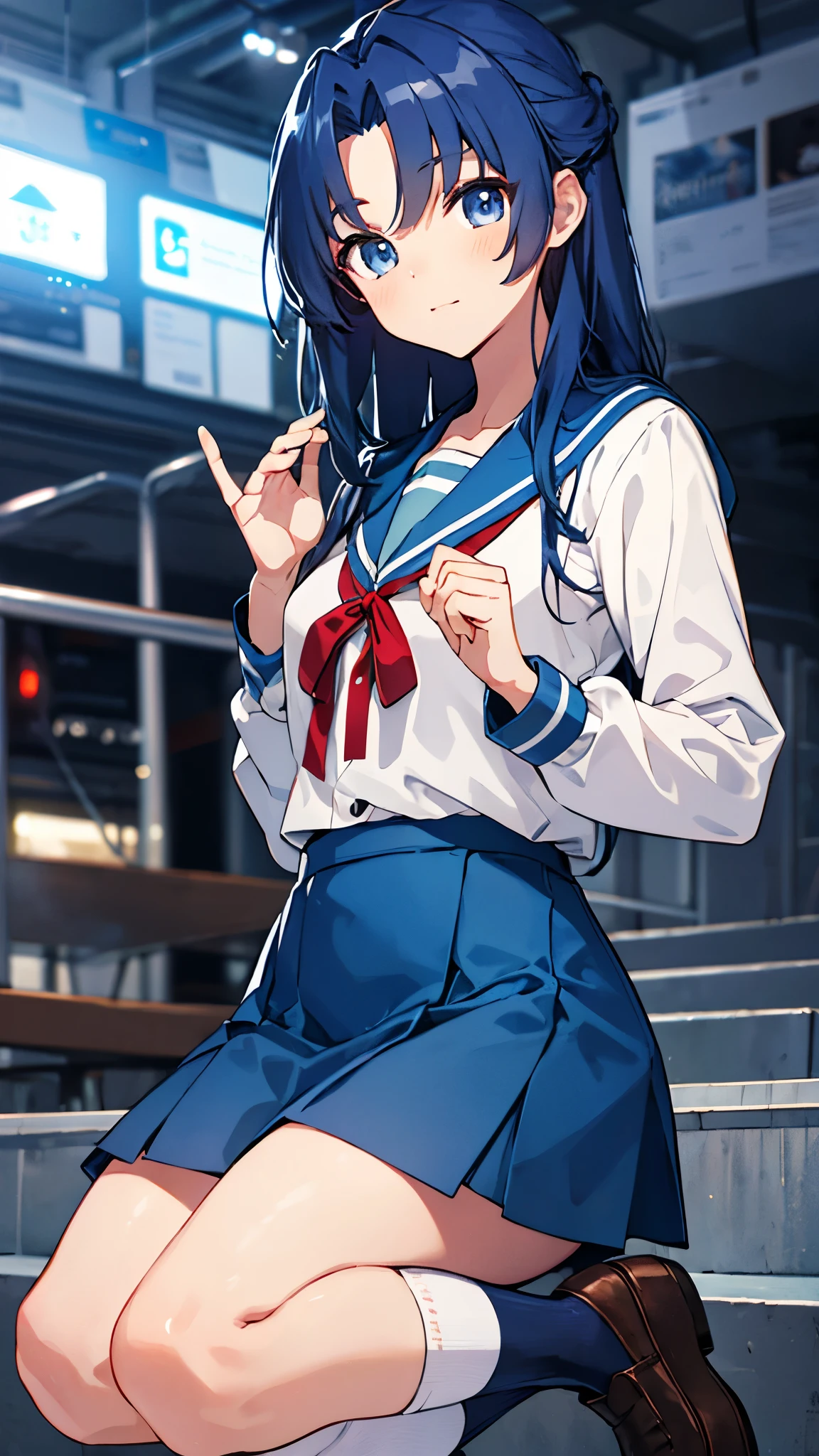 ryouko asakura, blue hair, blue eyes, long hair,(upper body:1.3),
blue sailor collar, blue skirt, brown footwear, collarbone, kita high , loafers, long sleeves, red ribbon, ribbon, sailor collar, , shirt, shoes, skirt, socks, white shirt, white socks, winter uniform,masterpiece,Noise Reduction,perfect anatomy,high resolution, ultra-detailed,game cg,dutch angle ,beautiful detailed eyes,visualart,five fingers, perfect hands, perfect lighting,