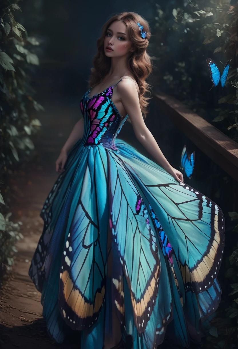 1girl, blue butterfly, butterfly dress, vibrant colors, delicate wings, flowing fabric, ethereal atmosphere, nature-inspired, dreamlike, soft lighting, intricate details, fantasy fashion, graceful movement, whimsical, magical, enchanting, surreal, painterly style, pastel tones, shimmering, elegant, enchanting, ethereal beauty