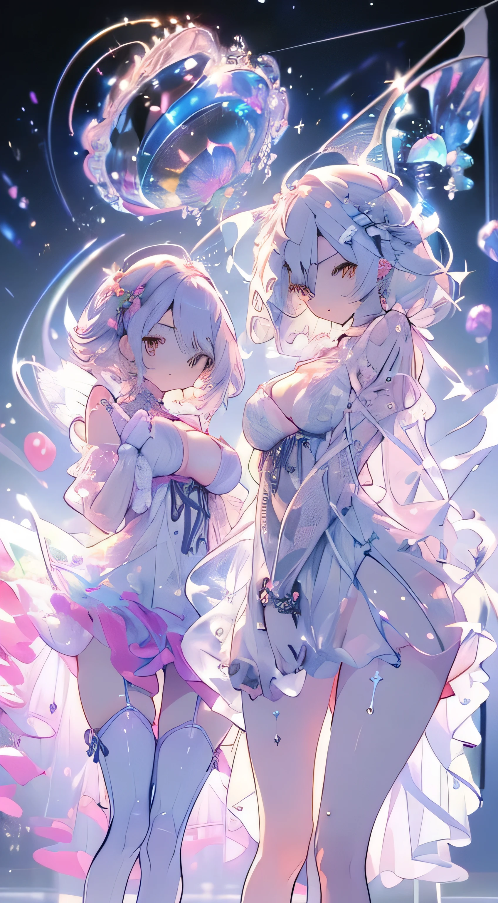 Character portrait、whole bodyエズビアン、masterpiece、Best image quality、highest quality、(Two girls next to each other:1.8)、Pointing the finger、cute、Precious stones、Jewelry Dress、Transparent dress、See-through sleeves、Precious stones、Precious stones、(jewel dress:1.2)、Opal colored hair、Yellow Eyes、(whole body:1.5)、(Plump pink nipples:1)、feet、(Toes:1.3)、(See-through white dress:1.6)、(Thick thighs:1.3)、(Cleavage)、(Sideboob)、(Underboob)、(White panties:1)、(Big Breasts:1.7)、(slender:1.5)、(vapor:1),(Sweat:1)、(raise your right hand up:1.5)