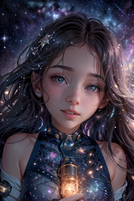 Attention to detail, Super Detail, Ultra-high resolution, A girl having a good time in a dream galaxy, Surrounded by stars, The warm light that shines on her, The background is a starry sky with colorful galaxies and galactic clouds, The stars fly around her, Delicate face, Add a playful touch , --v6