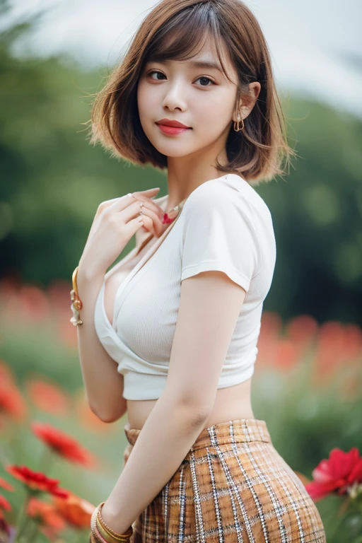 nsfw, 8K raw photo, Best quality, masterpiece, ultra high res, film grain, filmg, 1girl, looking at viewer, natural skin texture, realistic eye and face details, full lips, lipstick, (makeup), red eyeshadow, fluffy short hair, messy hair, smile, close mouth, beautiful legs, tall female, skinny, slim_legs, solo, enormous breast, cleavage, Pose with buttocks facing you, ultra short skirt, ass, shirt, beautiful nature location, around flower location, (detailed background), plaid skirt, white shirt, enormous breast, cleavage, Show a little cleavage through the shirt, loafers, blurry background, blurry, holding, plaid, short sleeves, jk ribbon on the neck, jk ribbon, brown hair, bracelet, water, bangs, , jewelry, parted lips, lips, from side, pleated skirt, depth of field