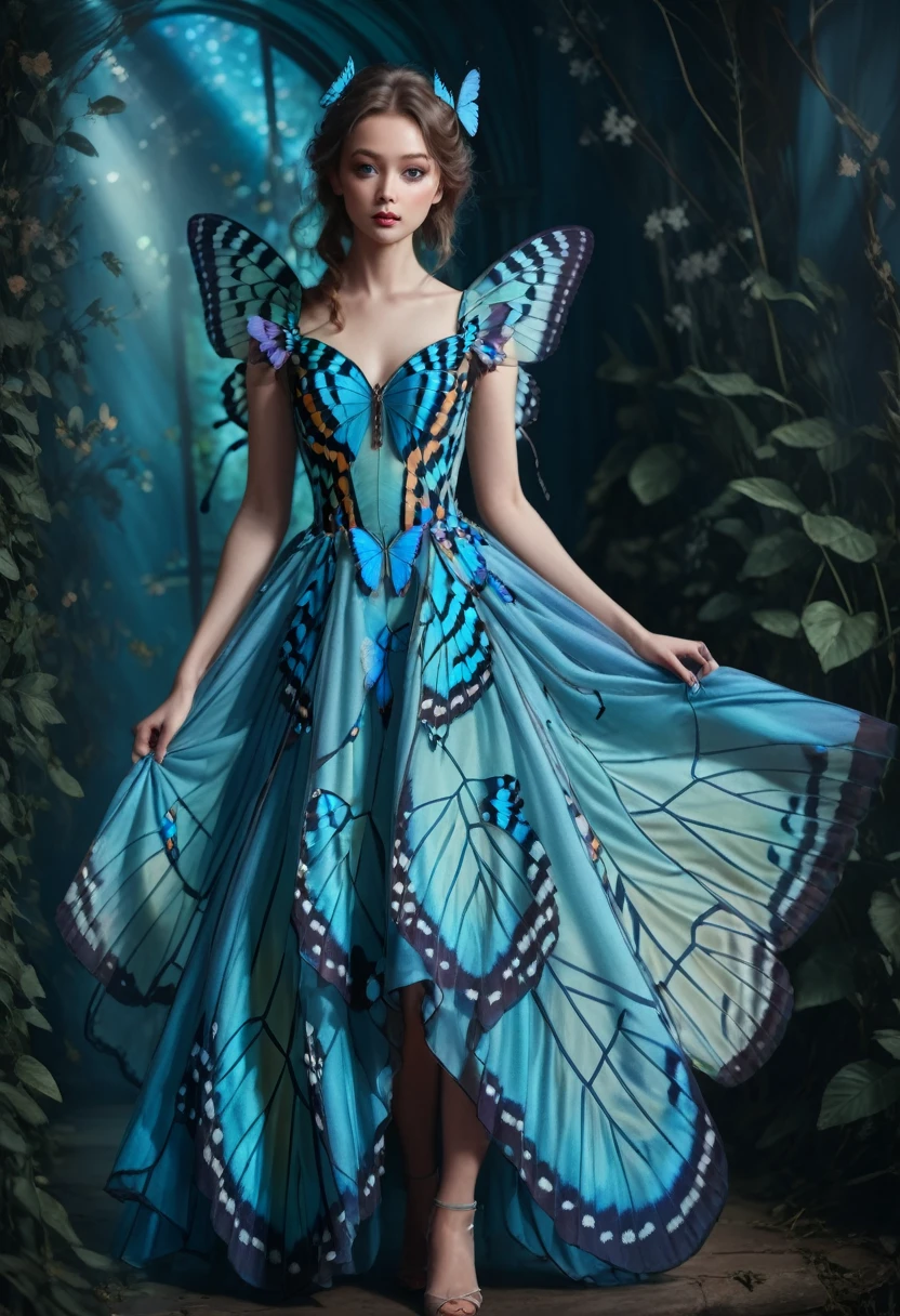 1girl, blue butterfly, butterfly dress, vibrant colors, delicate wings, flowing fabric, ethereal atmosphere, nature-inspired, dreamlike, soft lighting, intricate details, fantasy fashion, graceful movement, whimsical, magical, enchanting, surreal, painterly style, pastel tones, shimmering, elegant, enchanting, ethereal beauty