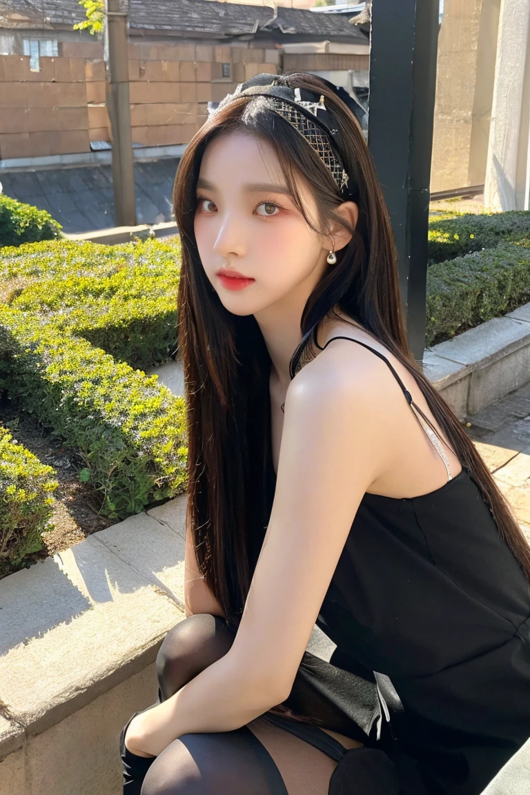 1 woman, alone, long hair, chest, forehead, black hair, headdress, dress, possession, bare shoulders, brown eyes, bijouterie, seat, closed mouth, pantyhose, earring, parted Lips, sleeveless, inside, medium hair, black dress, Lips, looking to the side, book, black pantyhose, bare arms, sleeveless dress, looking far away, plant, Couch, potted plant, on Couch

