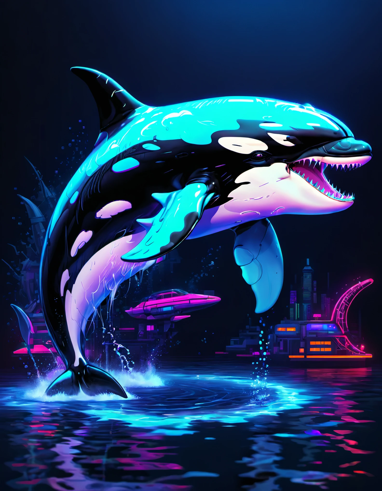 Killer whale、In the sea、Line art、Neon Art、cyber punk