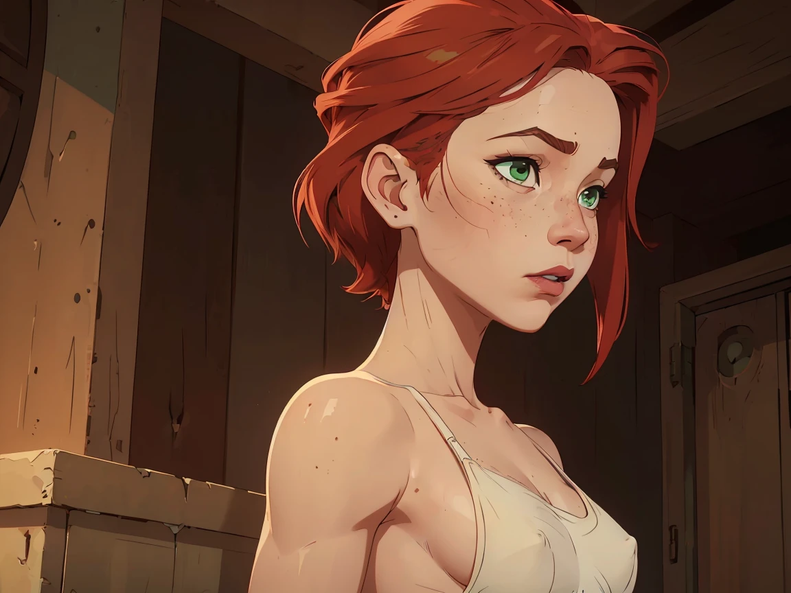 (((2 characters))), ((1guy, jon, a young guy in his 30s with asymmetric very short brown hair, green eyes, a flat nose, smooth skin, slim athletic body)), ((1girl, jennifer lawrence, 1girl, red haired chubby pale girl, green eyes, freckles, half asymetric red hair, cute, nude, small height, stain lipstick, long eyelashes, primer, cream eyeline, ((small breasts)), cute, beautiful, realistic style, highly detailed, 4k, embarrassed expression)), (((eyes pressed close)))