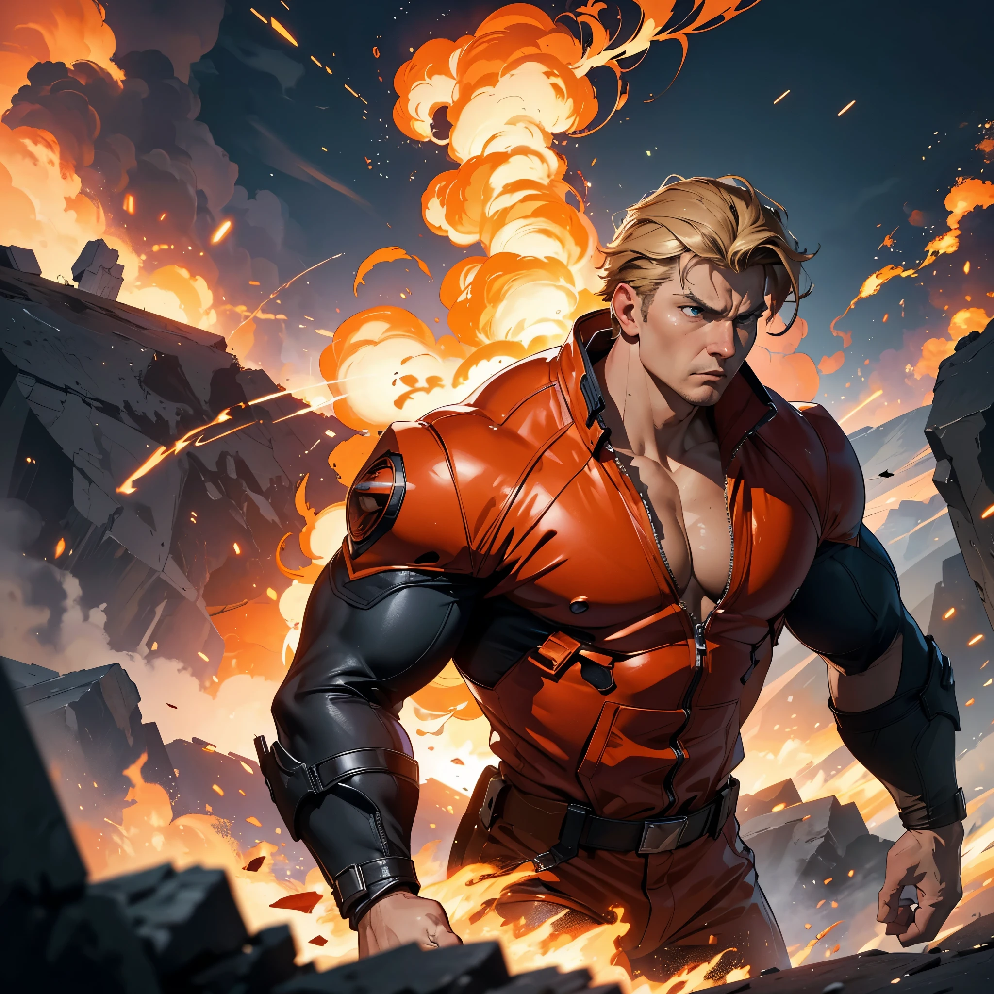 (best quality,4k,highres,masterpiece:1.2),ultra-detailed,(realistic:1.37),(HDR:1.1),(physically-based rendering:1.1), Donald Trump, action hero, massive explosions, fire all around, rescuing damsel, intense expression, superheroic pose, muscular physique, heroic lighting, debris flying, dramatic flames, dynamic scene, adrenaline rush, orange and red color palette, triumphant moment, intense heat, billowing smoke, flying sparks, rescue mission, danger, excitement, bravery, courage, patriotism, powerful, intense action, suspense, high stakes