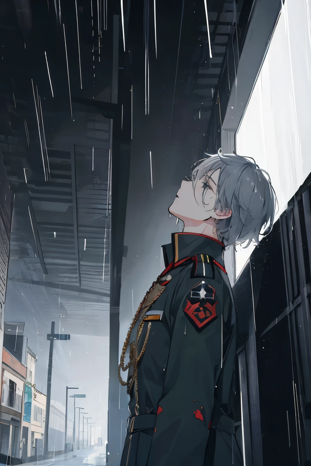 1 male German soldier, looking up, shadowed face, rain, destroyed city