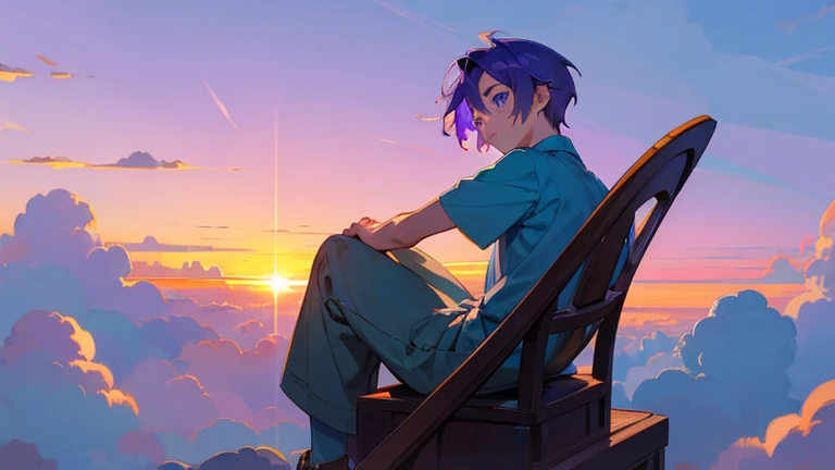 A scene where a boy with purple hair and sky blue eyes is sitting on a cloud with his back to the setting sun.