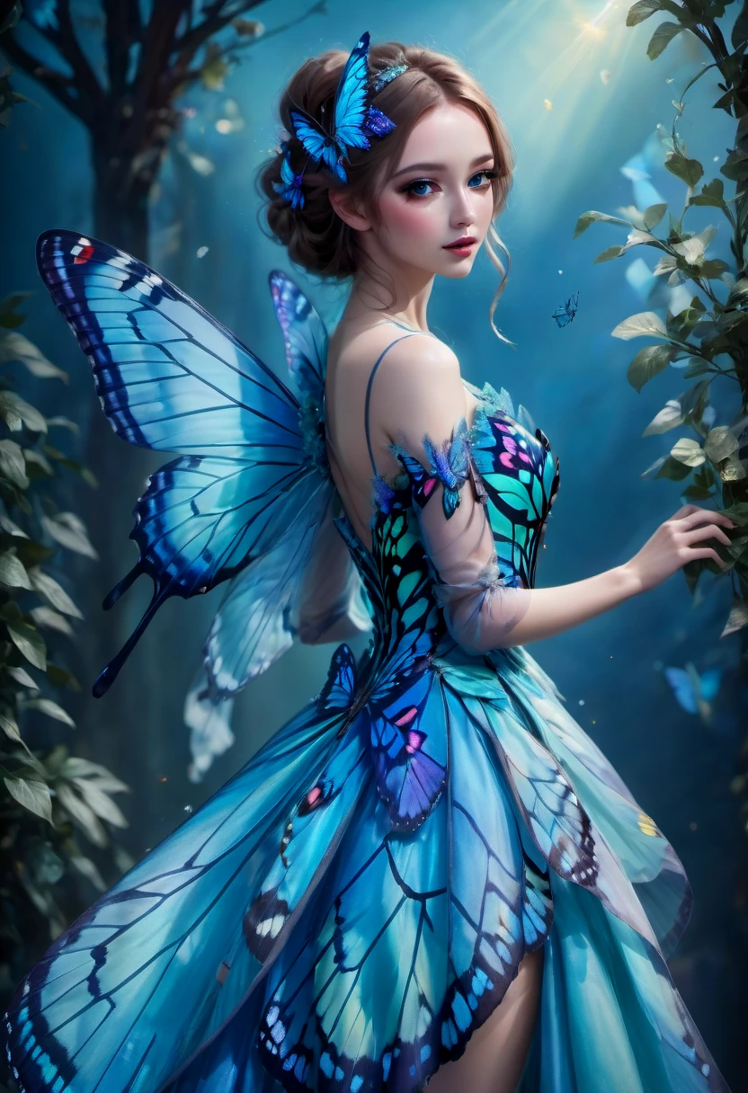 1girl, blue butterfly, butterfly dress, vibrant colors, delicate wings, flowing fabric, ethereal atmosphere, nature-inspired, dreamlike, soft lighting, intricate details, fantasy fashion, graceful movement, whimsical, magical, enchanting, surreal, painterly style, pastel tones, shimmering, elegant, enchanting, ethereal beauty