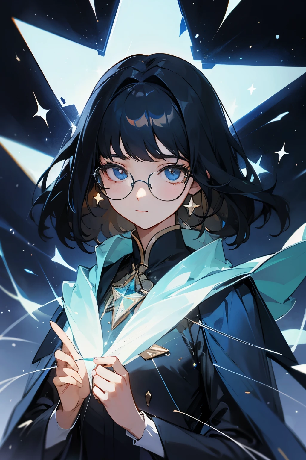 scholar,Glasses,Black Hair,woman,suit,Portrait,highest quality,masterpiece,Pera,Delicate expression,Delicate light source,suit,Accessories that glow blue,star座,star,天文scholar