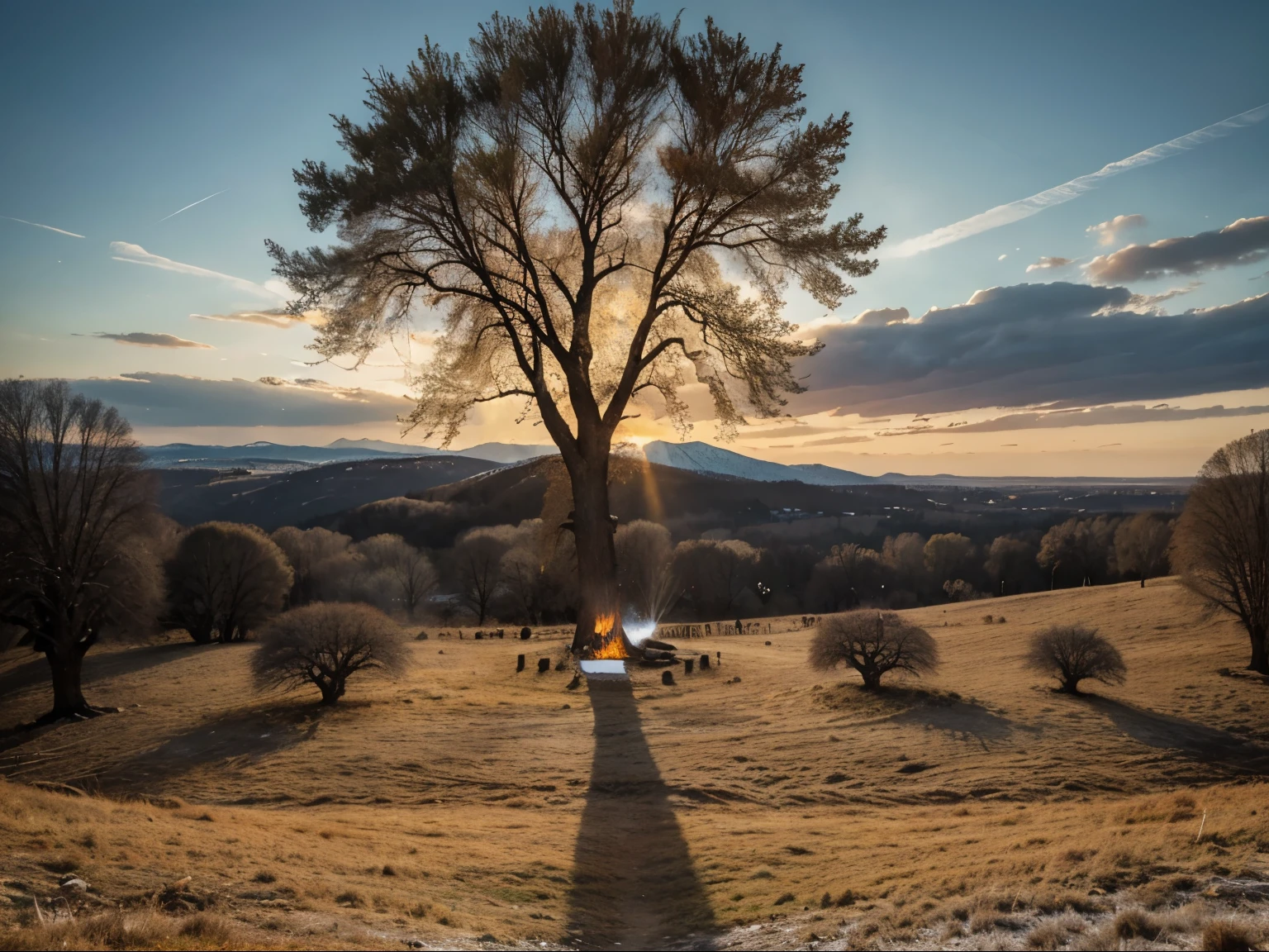 (The sacred Oak tree in winter in mid-center of the image, blue and red Rags tie hanging from the oak):1.4 (The blessings of the tree, tying to sacred tree)
war-torn landscape, shining sun, dramatic skies, war banners fluttering, blurred motion, dynamic composition, vivid colors, contrast lighting, golden hues, heroic atmosphere, great details, Army, in the distance you can see many frozen mountains, Alps Mountains:1.1, old Oak forest, (holy oak tree in the edge of the landscape: 1.4), thick trunk, (A crack in the trunk):1.3, (winter:1.4 landscape) scene of war and chaos with fire, stonebuildings:1.2 on the ground. Totemism, tribalism, fire worship, fire, temple signs, Lorestan bronze, Lorestan bronze, animal husbandry, Totemism, tribalism, fire worship, fire, temple signs, Lorestan bronze, Lorestan bronze, animal husbandry, Four arches, fire temple, Sasanians, winter, showy lands, Alfalfa:1.4, February,