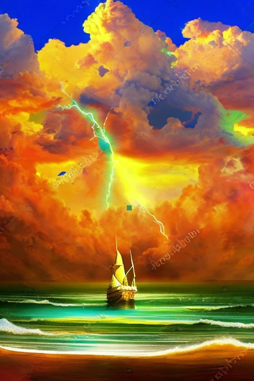 Castle made of sand melting into the sea, with a golden winged ship sailing far in the distance. Storm clouds, lightening, dream vision, soft edges