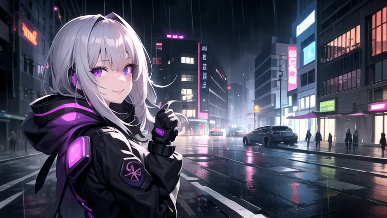 From the side, One girl, Gray Hair, Purple eyes, Glowing Eyes, Wicked Smile, rain, student, street, cyborg, cyber punk,