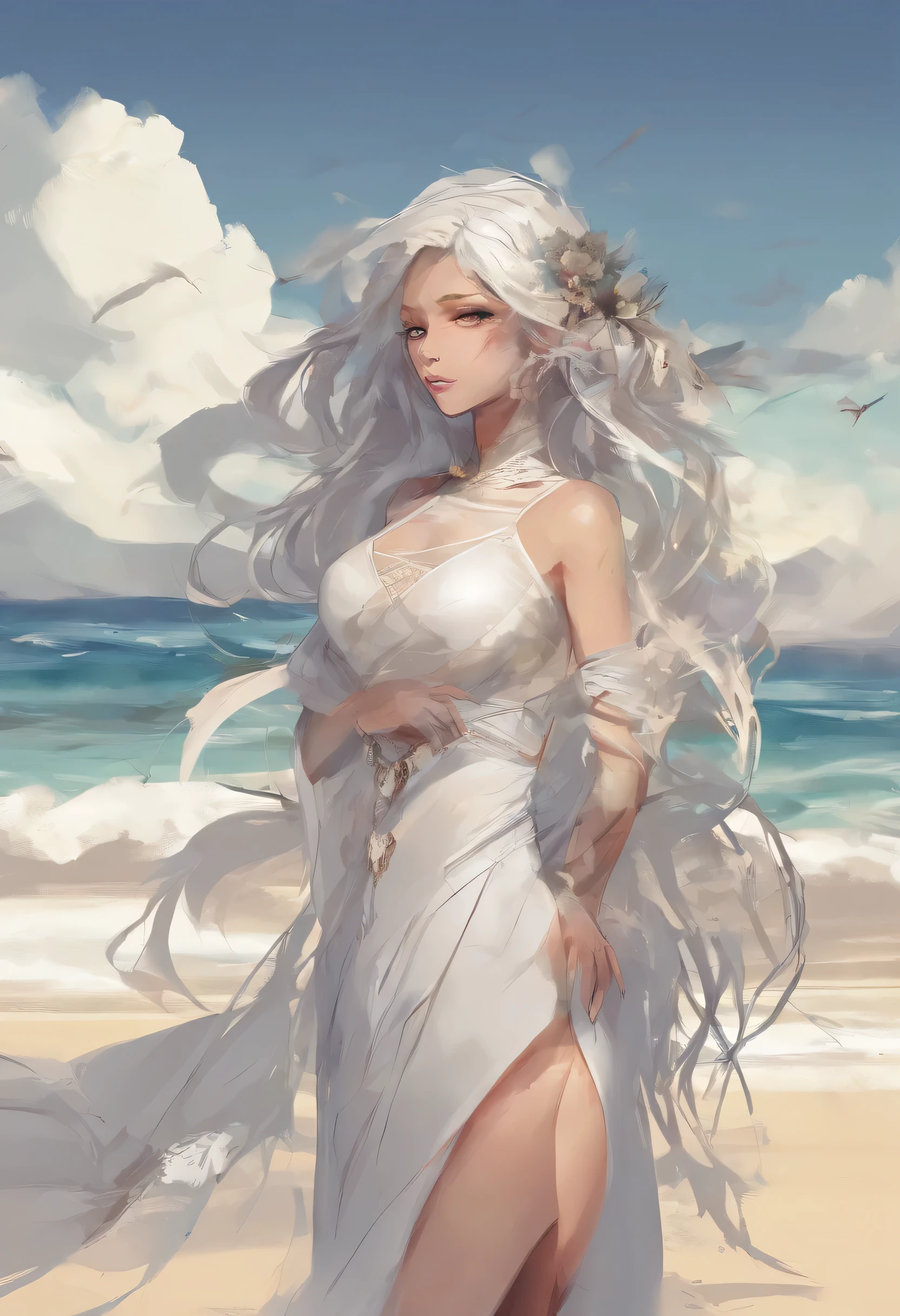 (melhor qualidade)), ((obra de arte)), (detalhado), rosto perfeito, profundidade. Uma mulher de cabelos levemente cacheados,escuros, em uma praia completamente nua,podemos ver seu corpo nu, seus pelos pubianos,sharp,olhos escuros,foco nos olhos, sombreado, ambiente:praia, beira mar. Cor da pele: caucasiano branco.