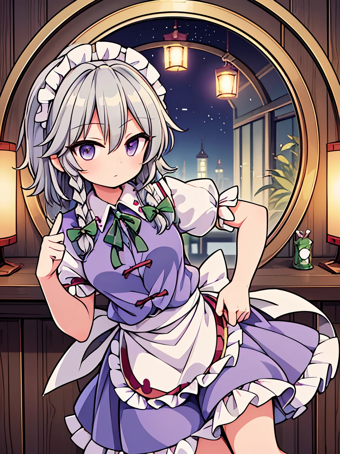 masterpiece, best quality, extremely detailed, anime,girl,(((touhou project ))),(((Izayoi Sakuya))),((Braids)), silver short hair,mirror , ((playing with her own braids with her fingers)),
