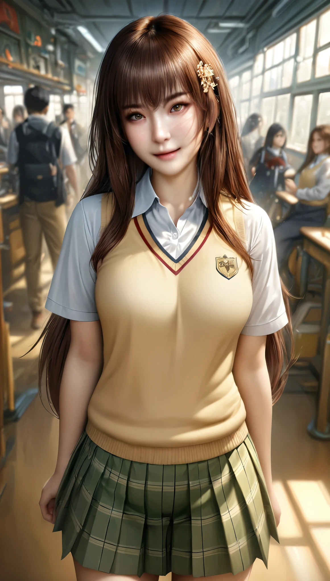 animetoreal,soft light, masterpiece, best quality,high quality,delicate face, realistic,photorealistic,1girl,standing, full body,smile,
Mikan Yuuki, brown eyes, brown hair, hair ornament,long hair,green plaid skirt, sainan high school uniform, school uniform, white shirt, yellow sweater vest