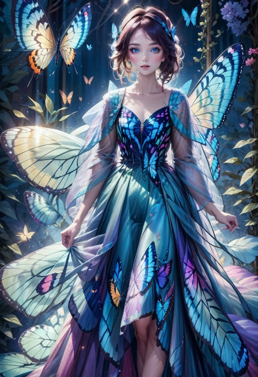 1girl, blue butterfly, butterfly dress, vibrant colors, delicate wings, flowing fabric, ethereal atmosphere, nature-inspired, dreamlike, soft lighting, intricate details, fantasy fashion, graceful movement, whimsical, magical, enchanting, surreal, painterly style, pastel tones, shimmering, elegant, enchanting, ethereal beauty