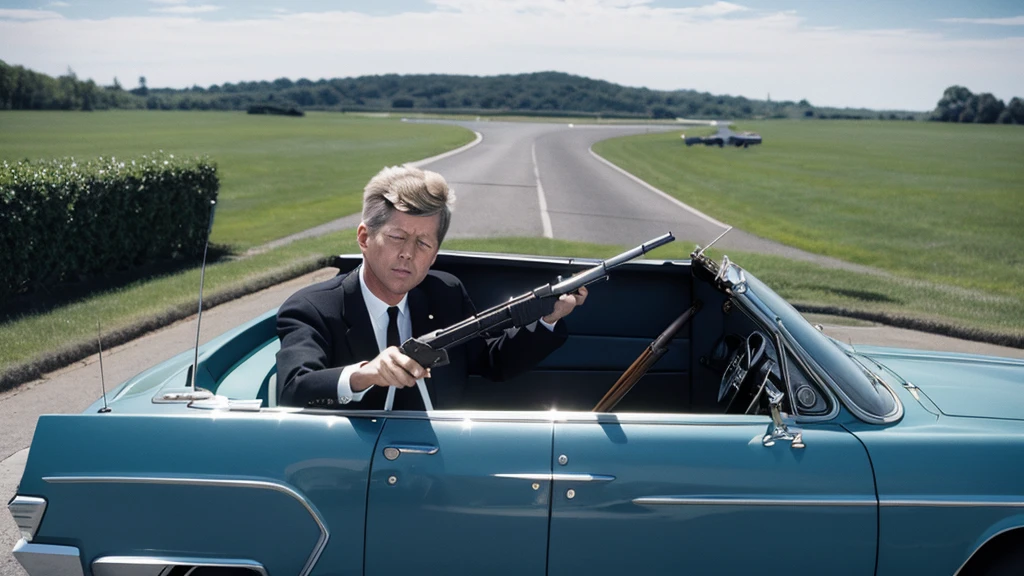 President Kennedy holding a rifle，In a convertible，Serious look