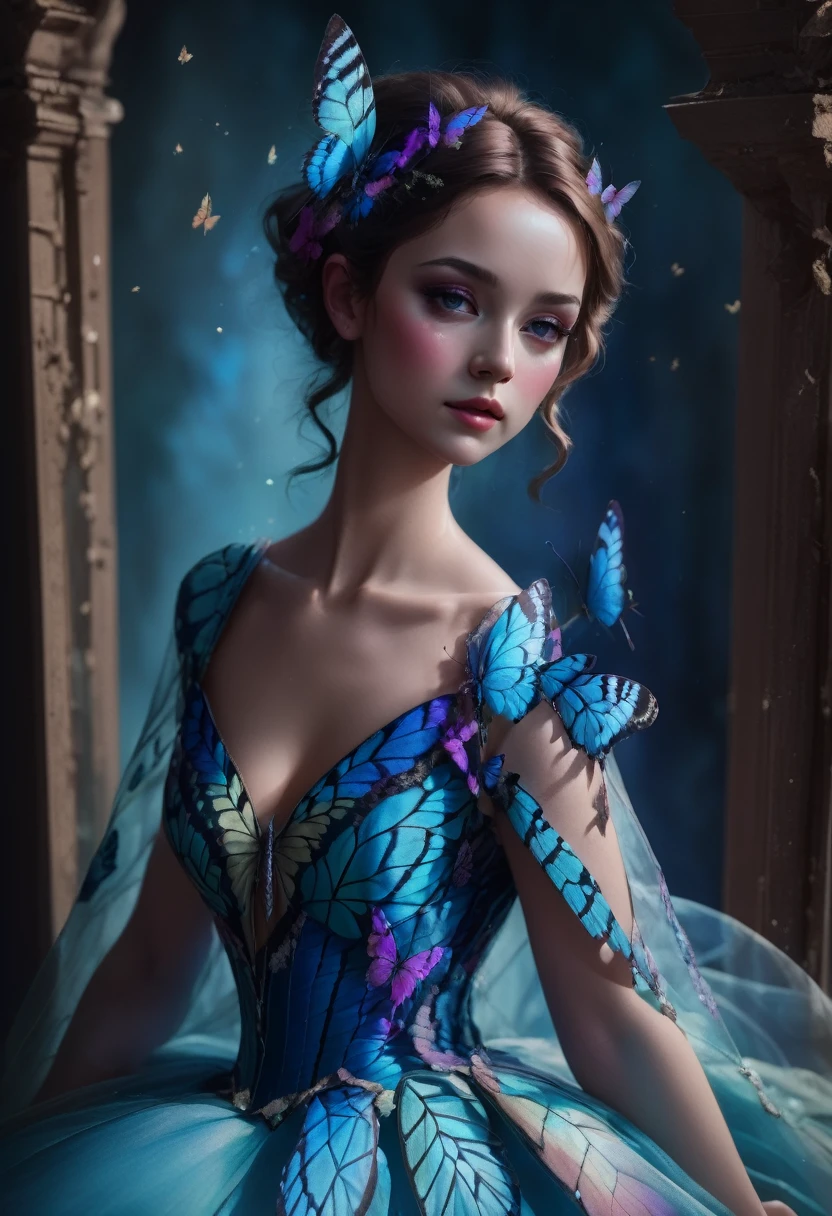 1girl, blue butterfly, butterfly dress, vibrant colors, delicate wings, flowing fabric, ethereal atmosphere, nature-inspired, dreamlike, soft lighting, intricate details, fantasy fashion, graceful movement, whimsical, magical, enchanting, surreal, painterly style, pastel tones, shimmering, elegant, enchanting, ethereal beauty