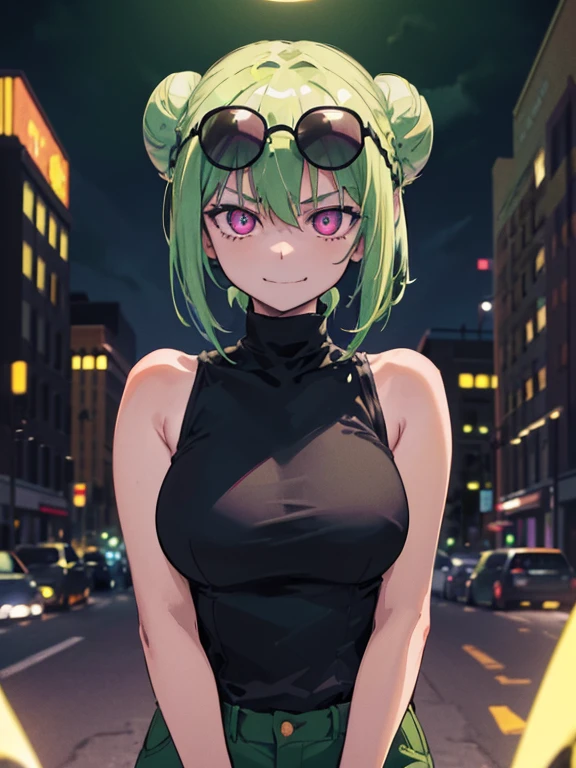 (highres), (detailed) 1 girl, alone, medium hair, pastel green hair, twin buns, evil smile, glowing eyes, violet eyes, round black sunglasses on head, black sleeveless turtleneck top, green shorts, dark brown boots, night, dark, city background